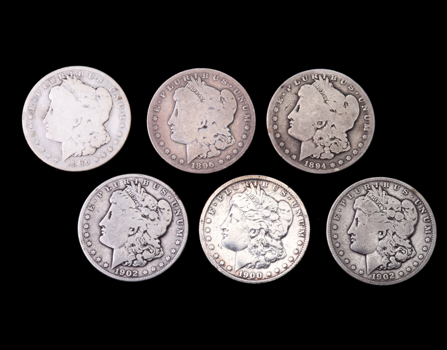 SIX MORGAN SILVER DOLLARS, 1886-1902