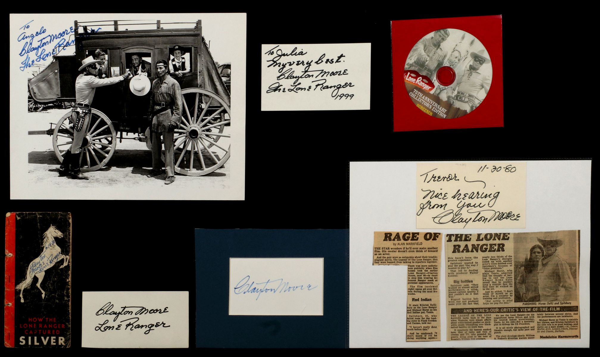 SIX CLAYTON MOORE SIGNED LONE RANGER ITEMS