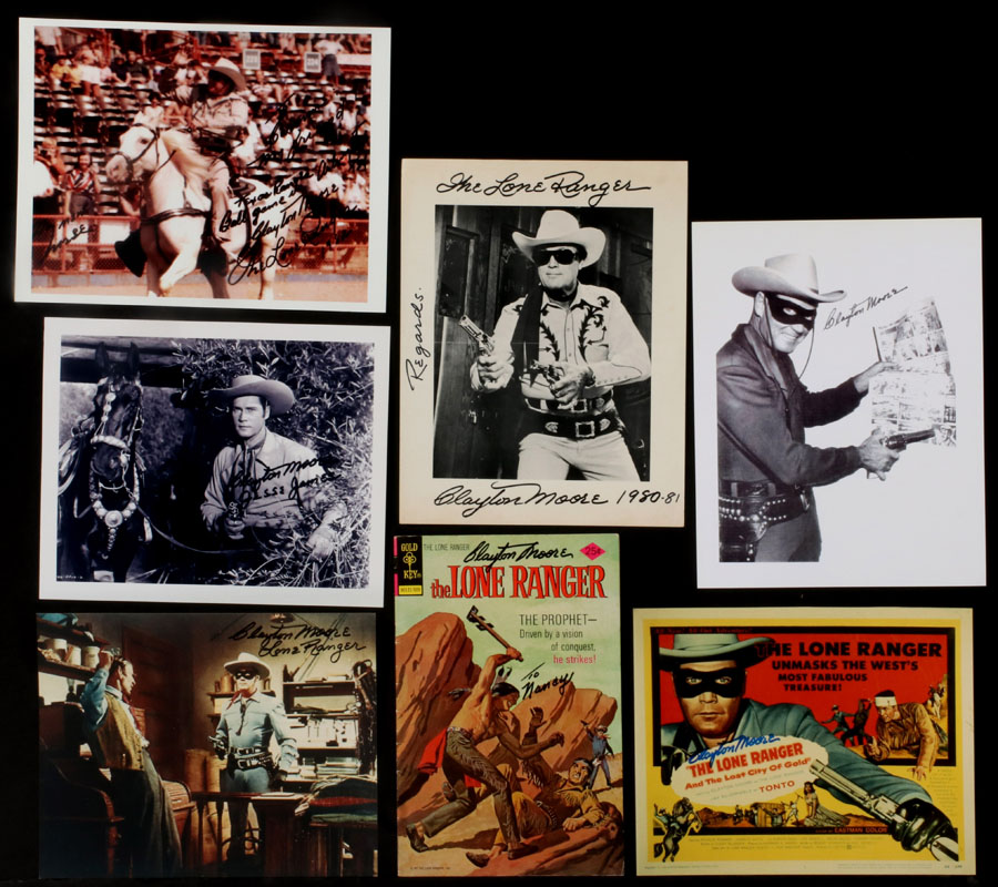 FIVE CLAYTON MOORE SIGNED LONE RANGER ITEMS