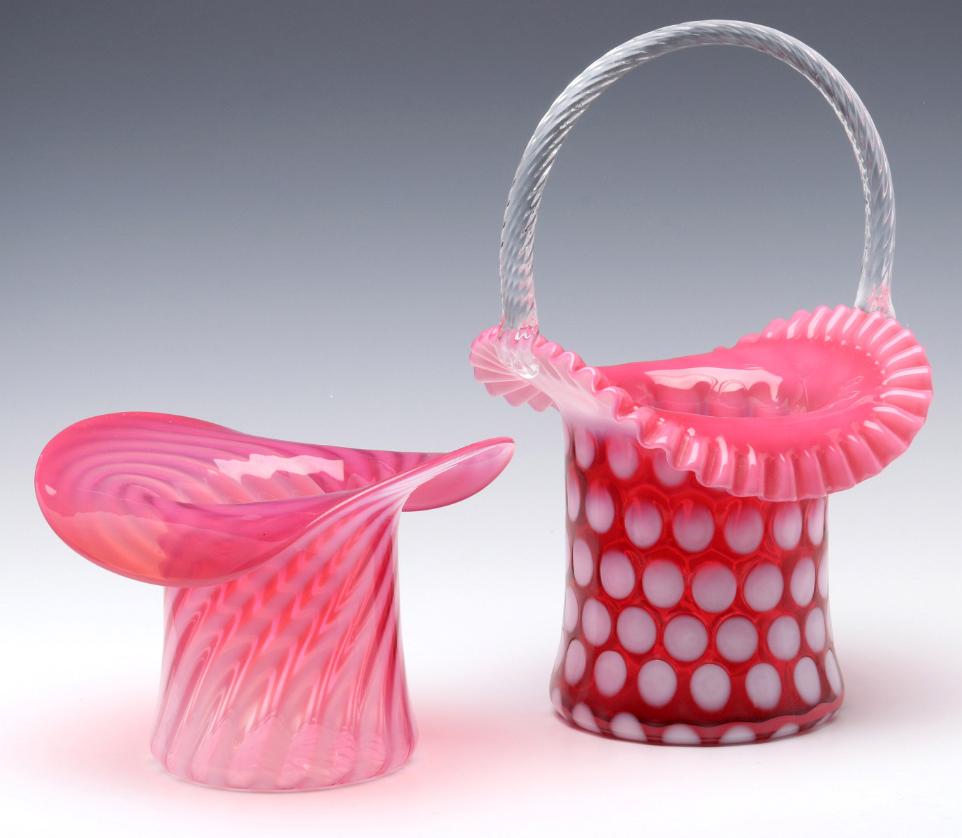 TWO FENTON CRANBERRY OPALESCENT HAT FORM OBJECTS