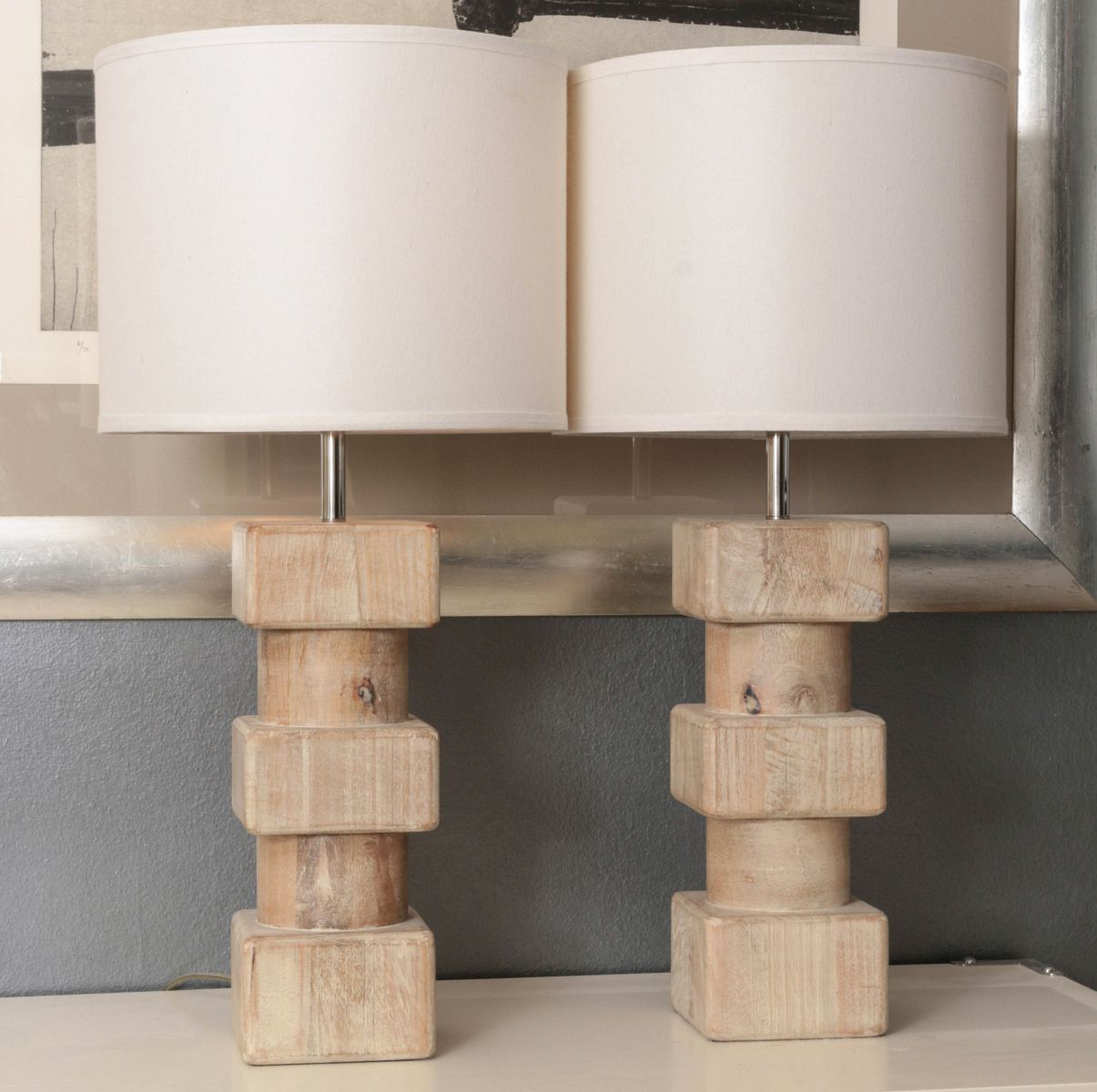 A PAIR WASHED WOOD CONTEMPORARY TABLE LAMPS