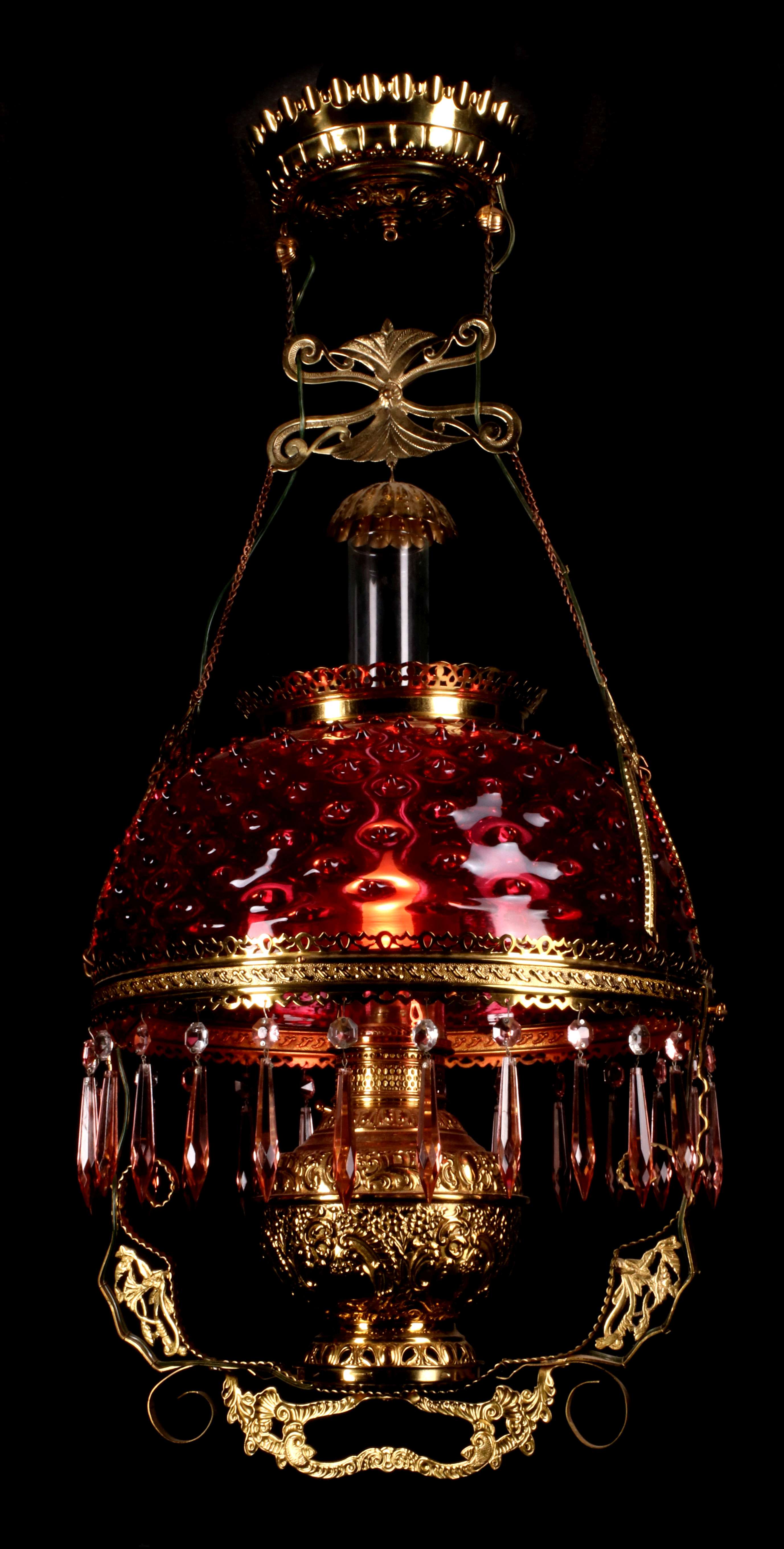 VICTORIAN CHANDELIER WITH CRANBERRY SHADE & PRISMS