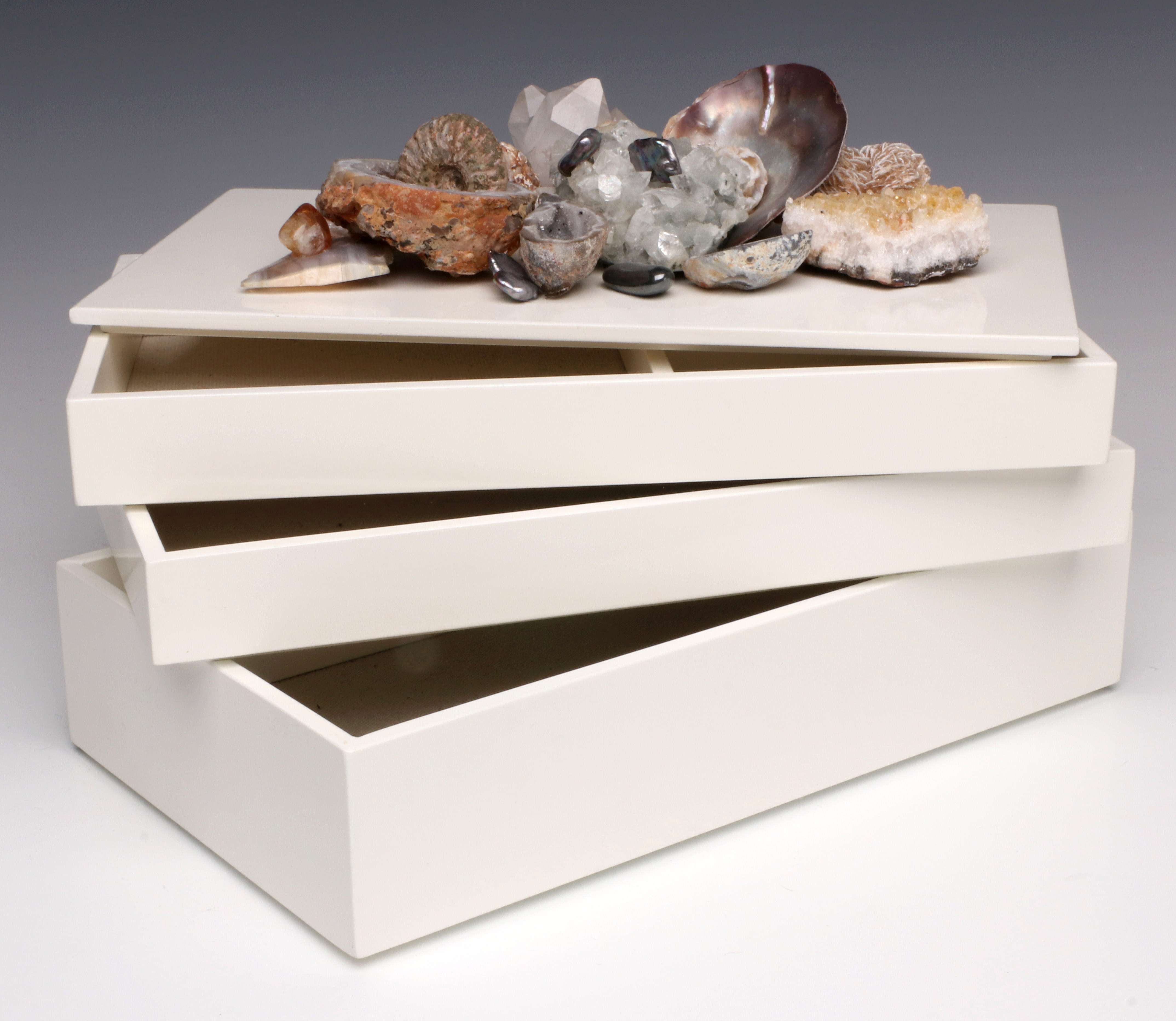 A BRENDA HOUSTON LACQUER BOX WITH SHELL AND GEODES