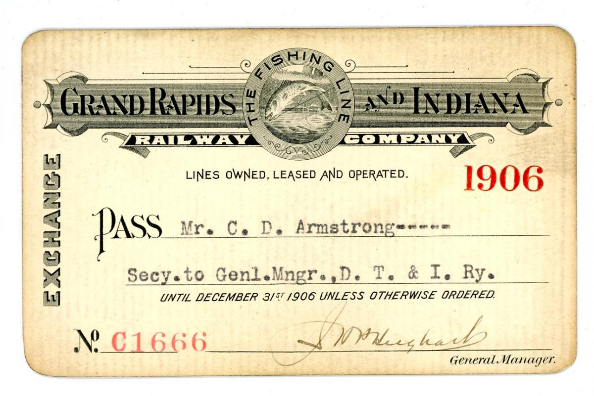 A 1906 GRAND RAPIDS AND INDIANA RAILROAD PASS