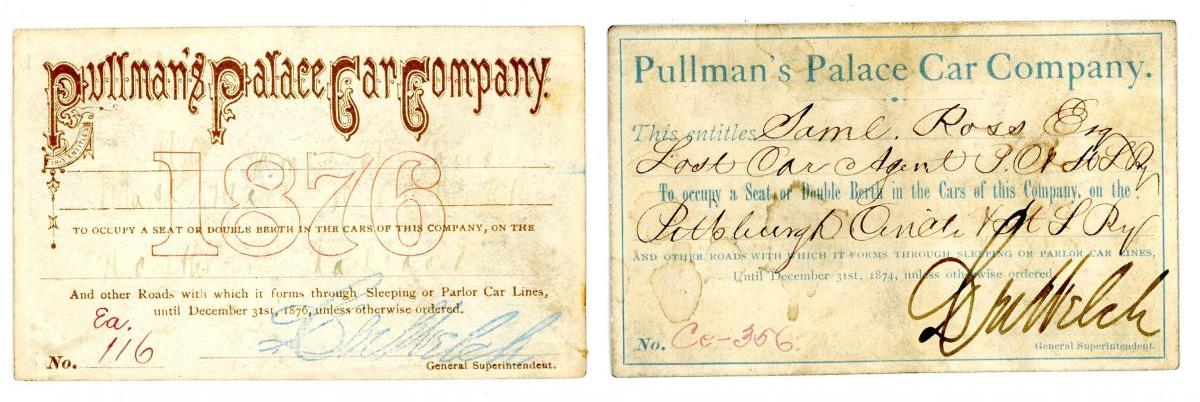 TWO 1870s PULLMAN'S PALACE CAR CO. RR PASSES