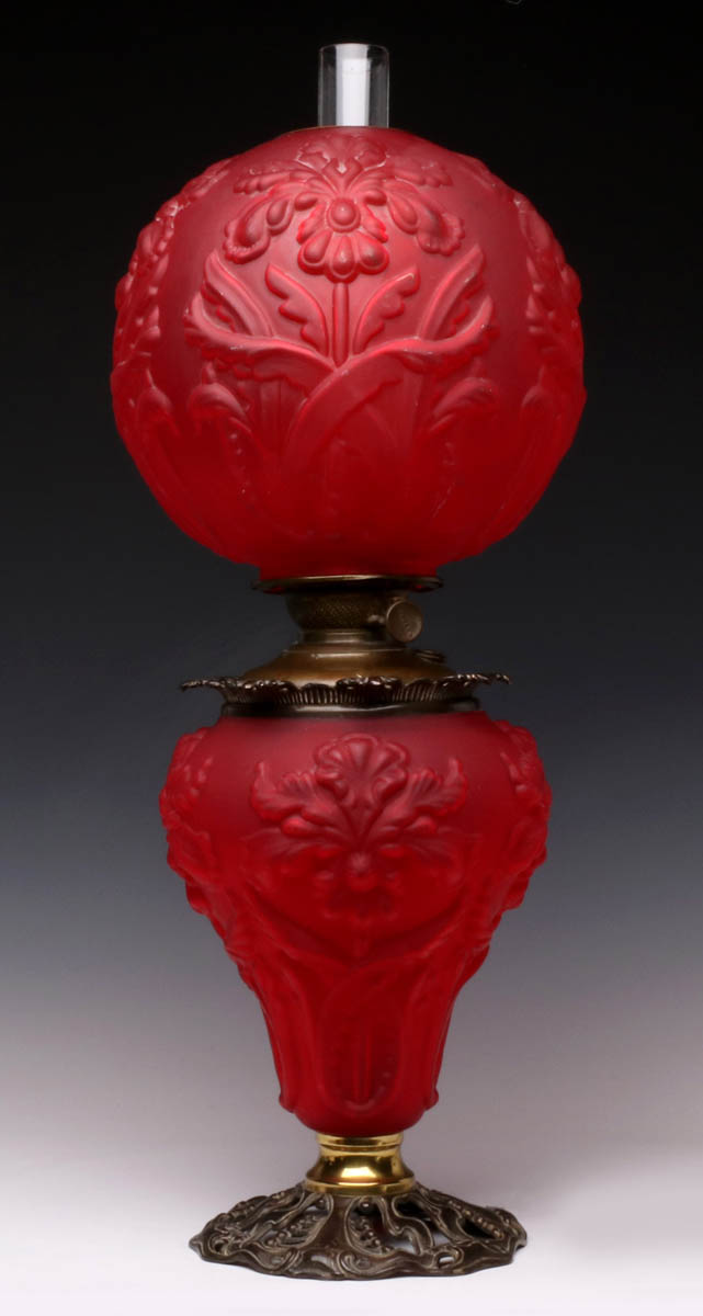 A FROSTED BLOWN-OUT CRANBERRY GLASS PARLOR LAMP