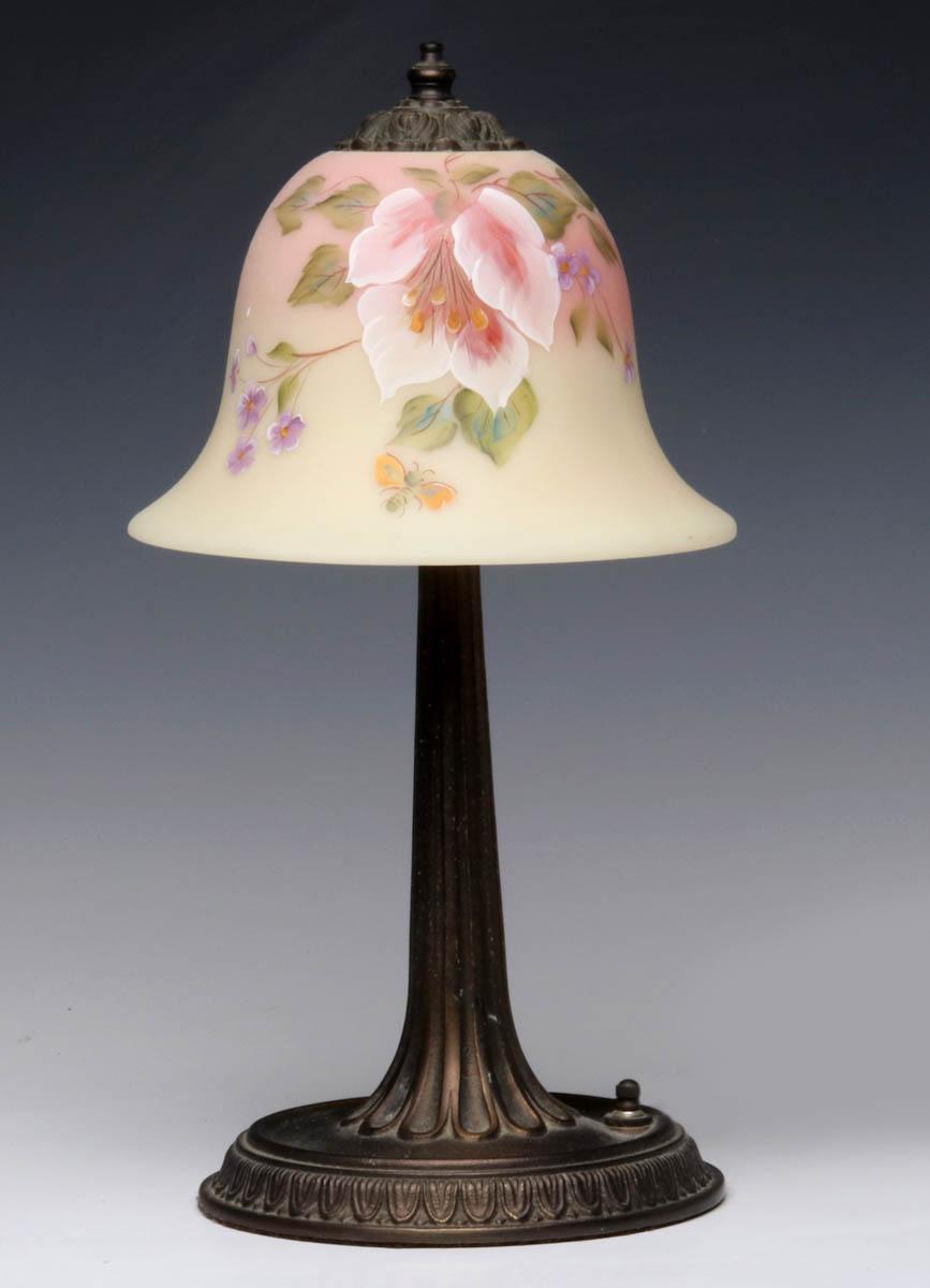 A FENTON LAMP W/ SIGNED AND NUMBERED BURMESE SHADE