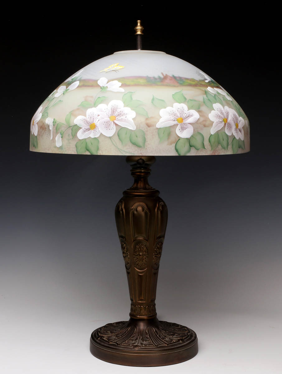 A FENTON LIMITED EDITION TABLE LAMP W/FLORAL SHADE