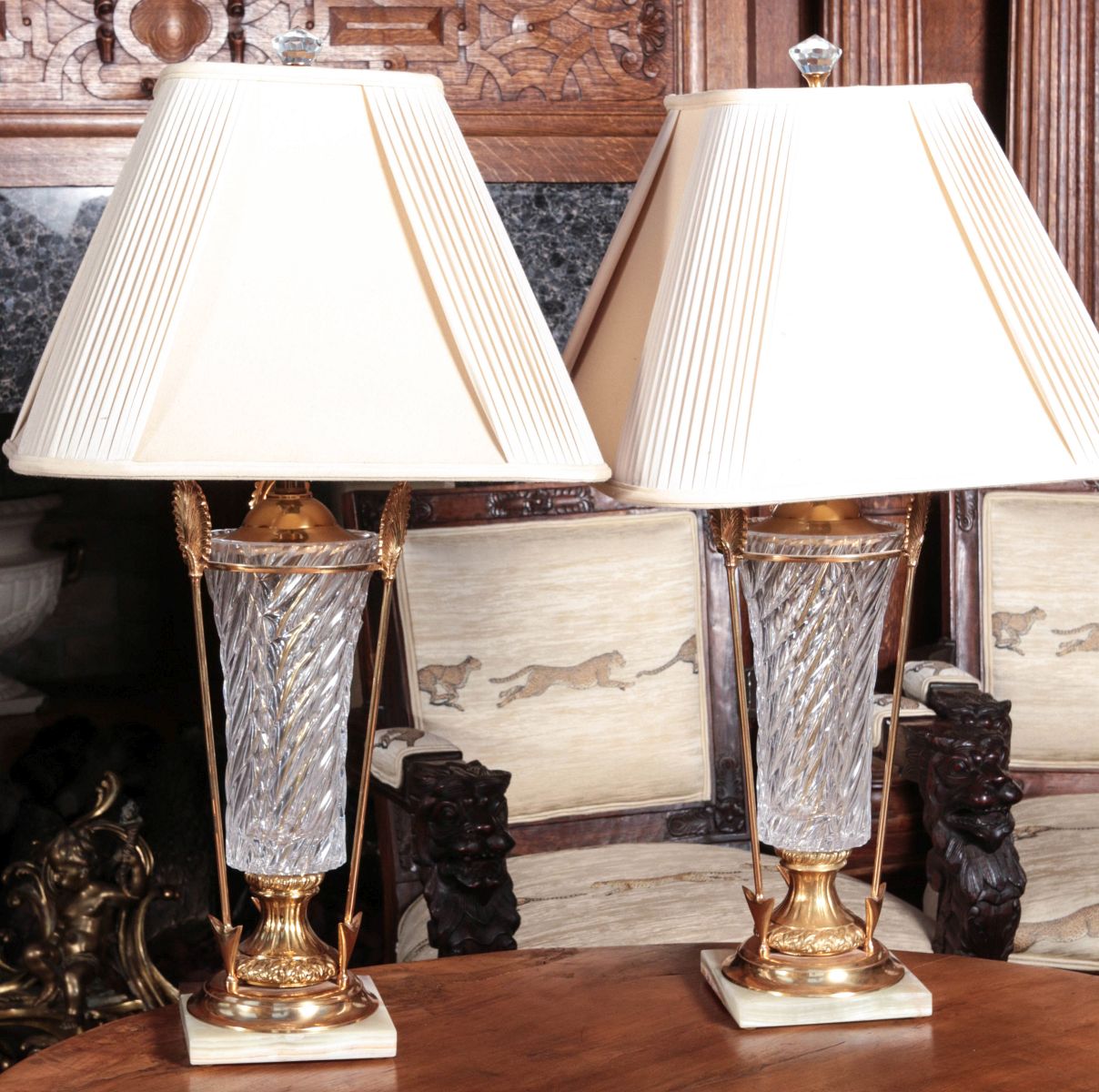A PAIR ORMOLU AND CRYSTAL TABLE LAMPS