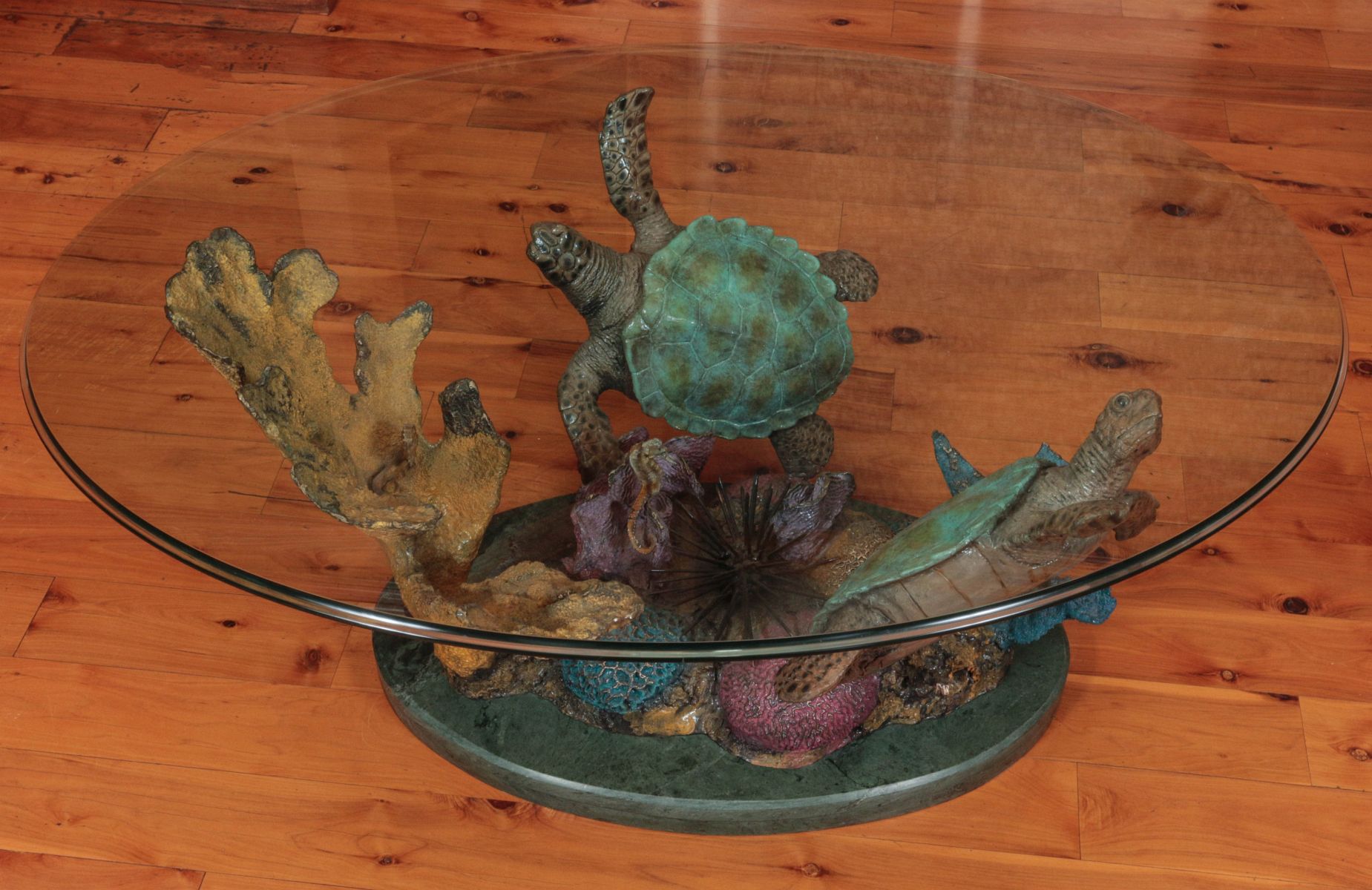 A NICE ENAMELED BRONZE TABLE BASE WITH SEA TURTLES