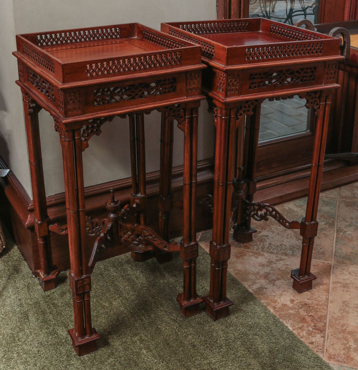 CONTEMPORARY MAHOGANY CHINESE CHIPPENDALE TABLES