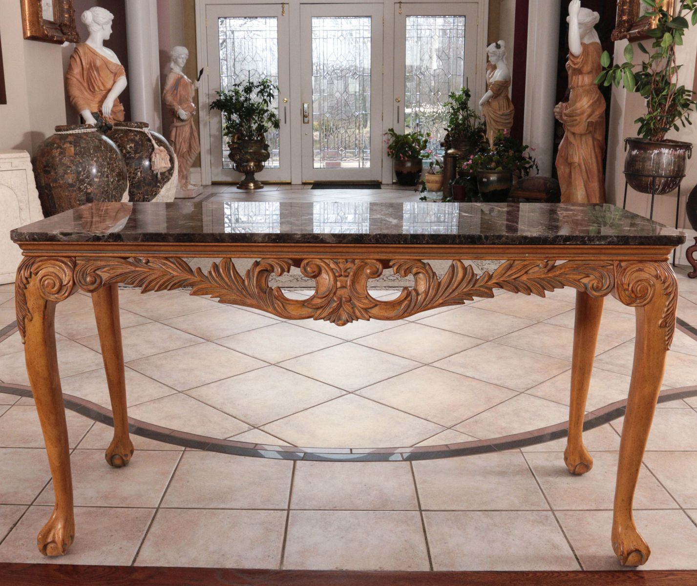 A GOOD CARVED SOFA TABLE WITH MARBLE TOP