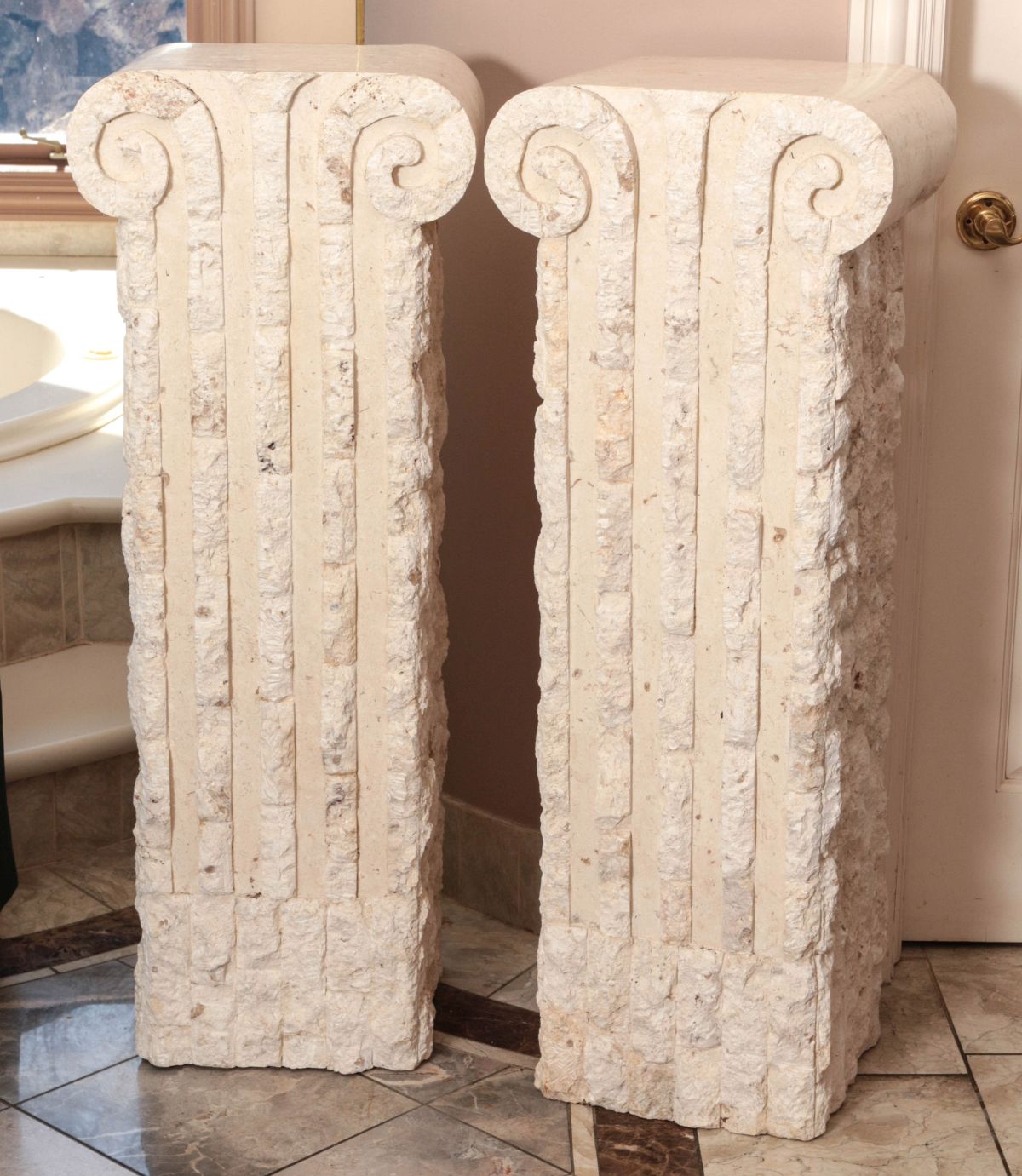 ROUGH CUT AND POLISHED FOSSIL STONE PEDESTALS