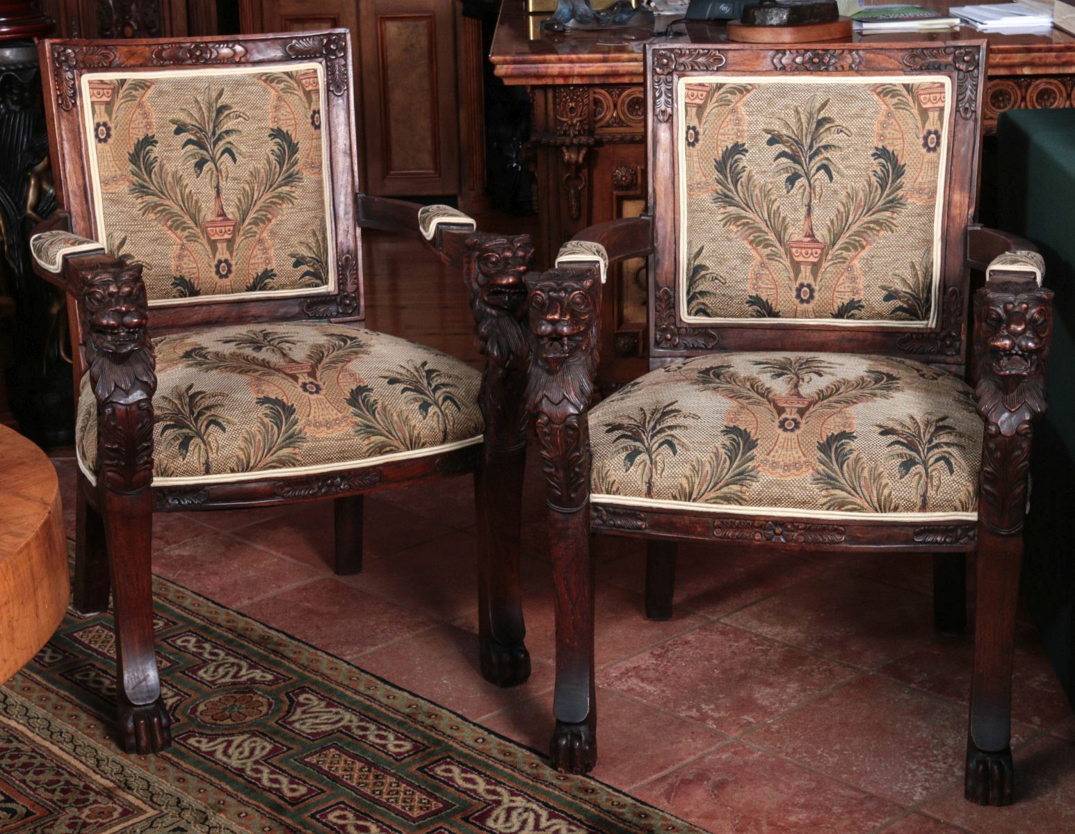 SUBSTANTIAL CARVED MAHOGANY LION HEAD ARM CHAIRS
