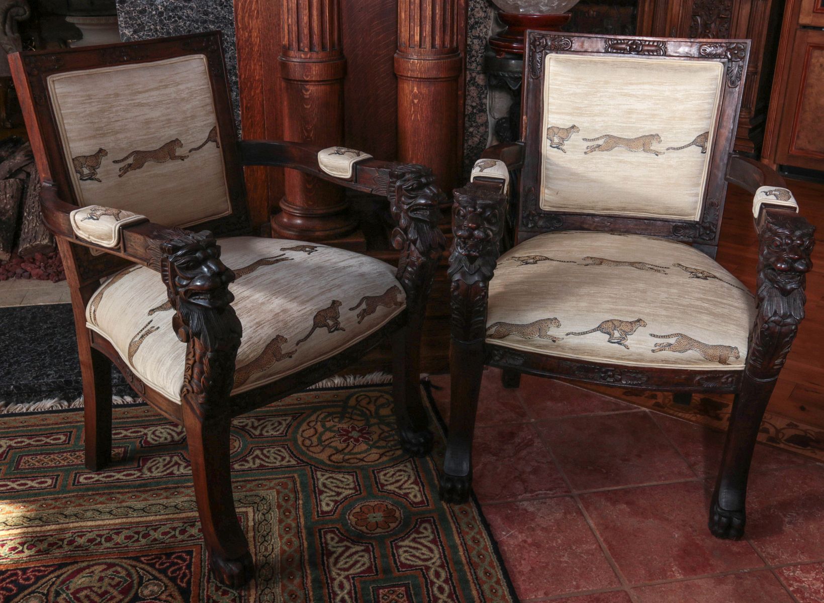 SUBSTANTIAL CARVED MAHOGANY LION HEAD ARM CHAIRS