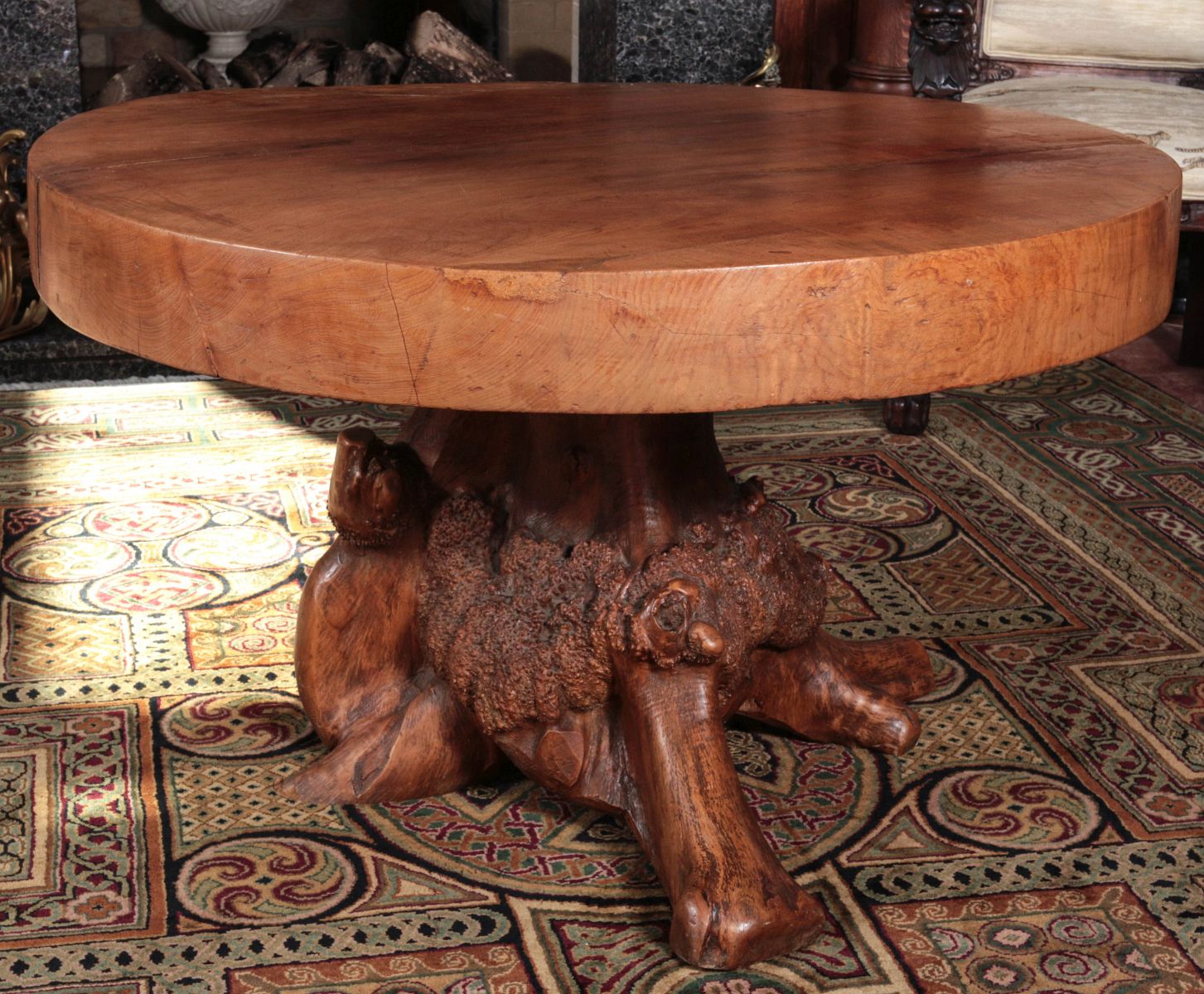 A VERY INTERESTING SLAB TOP BURL ROOT CENTER TABLE