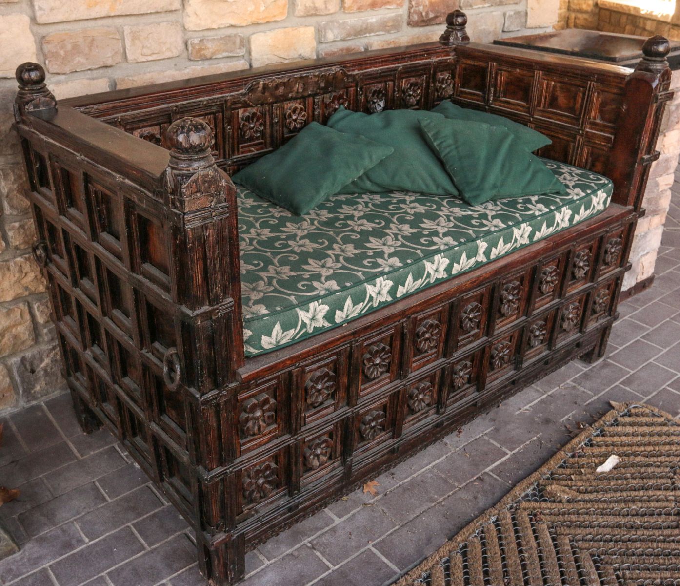 A CARVED INDIAN HIGH SIDED DAYBED / SOFA/ BENCH