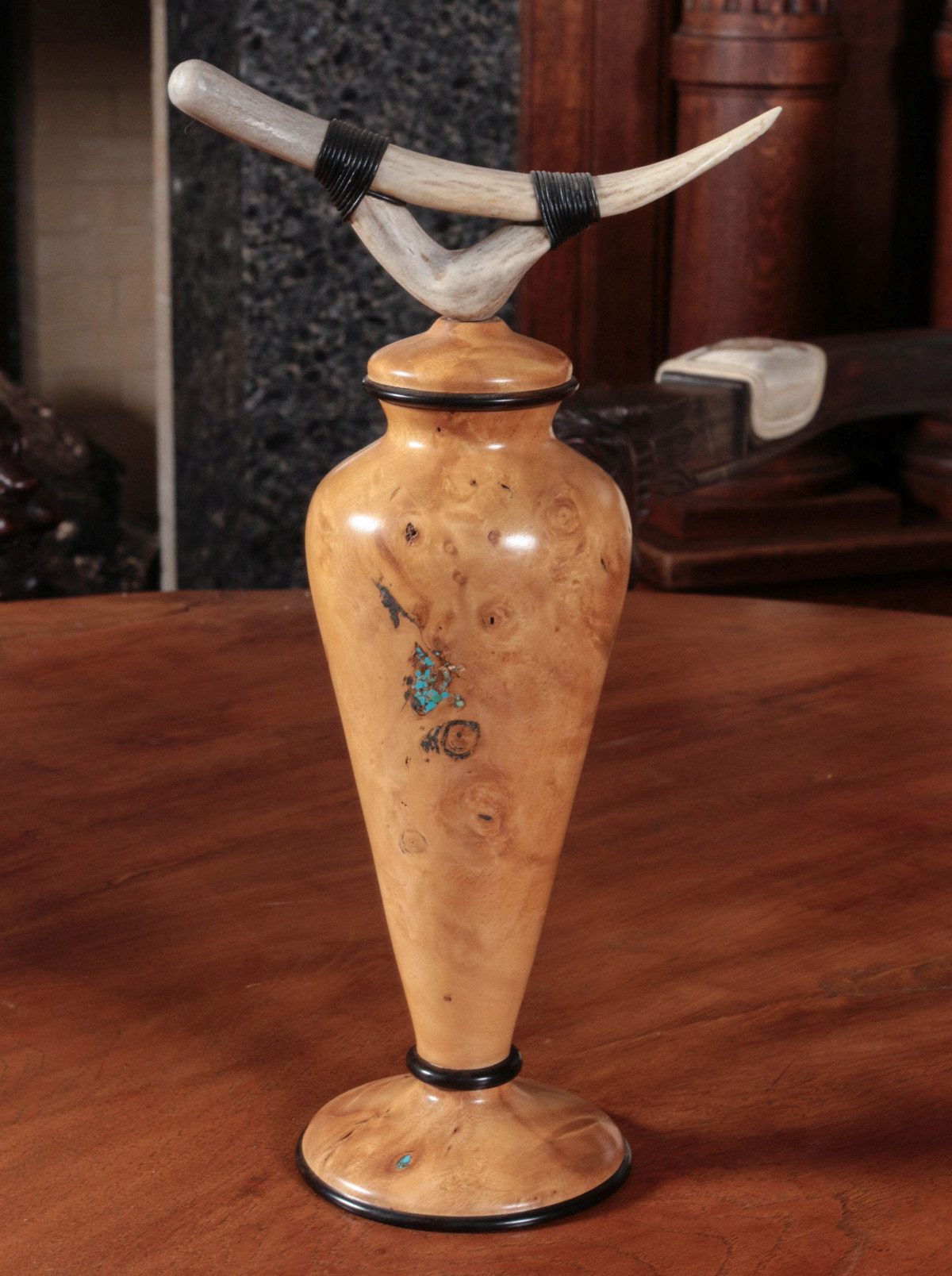 AN ARTISAN EXOTIC WOOD VASE WITH TURQUOISE INLAY