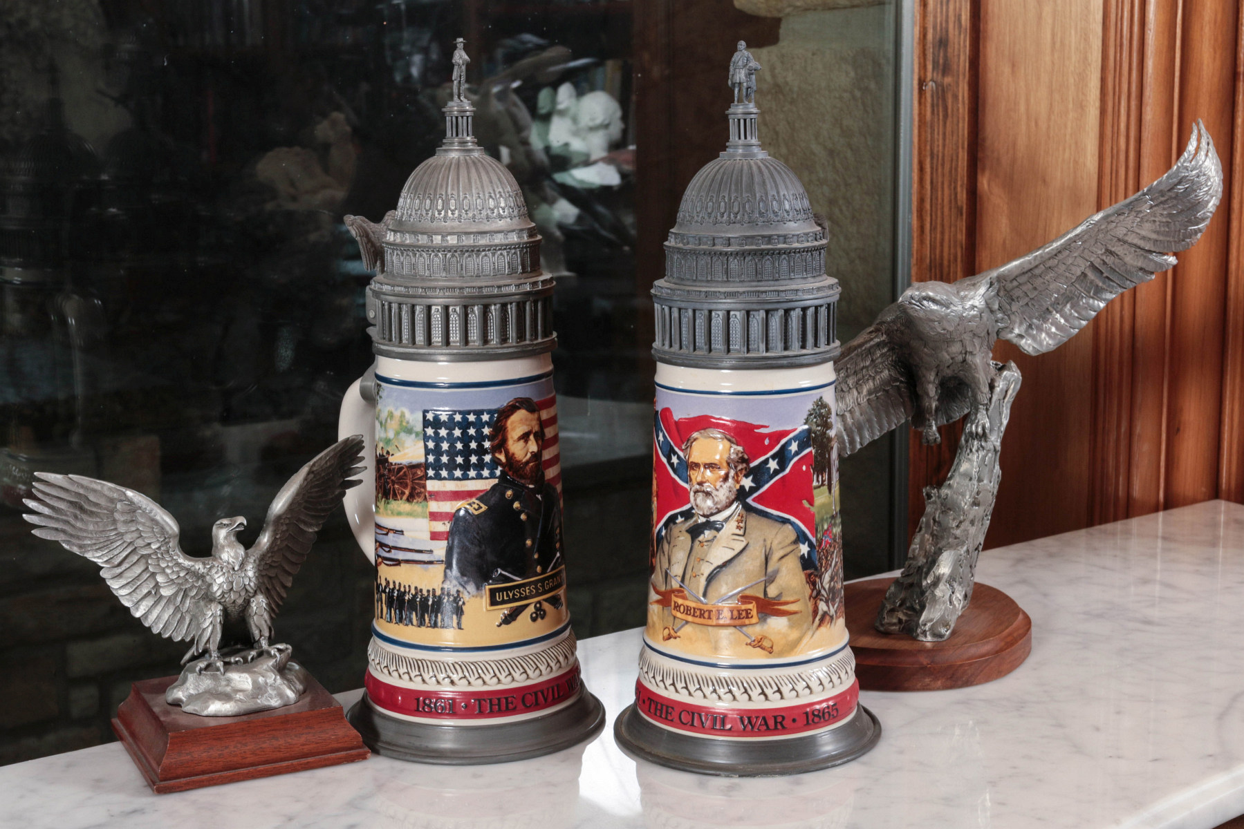 MODERN COLLECTIBLE STEINS AND PEWTER EAGLE FIGURES