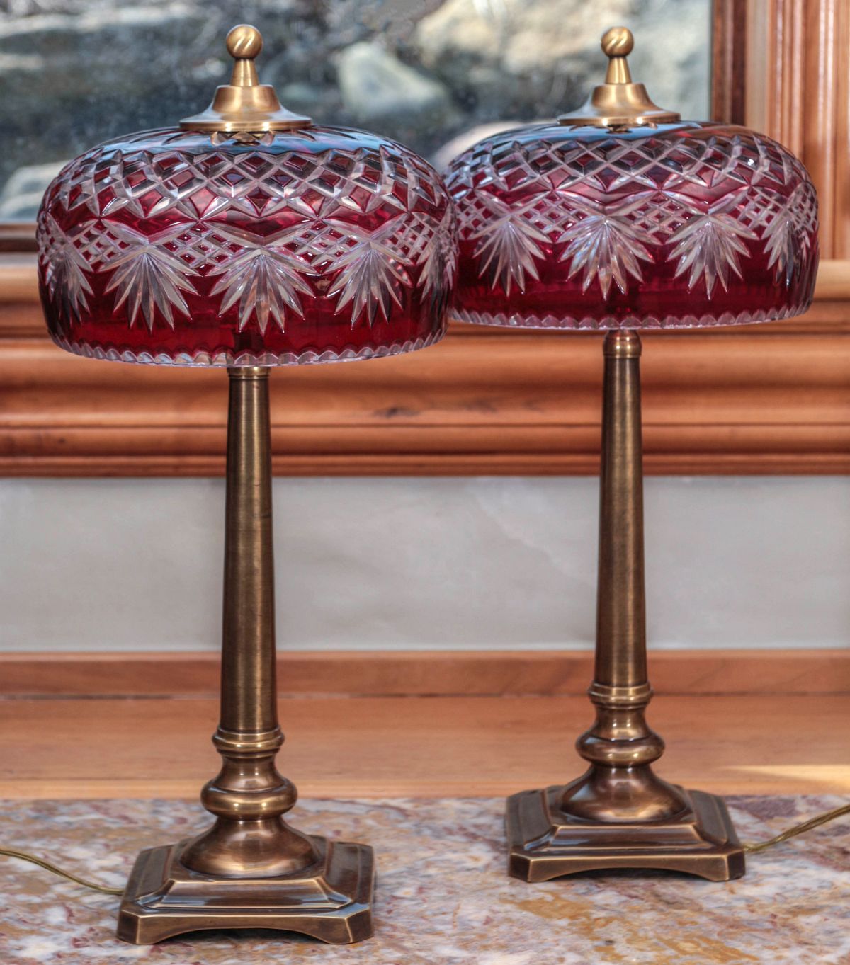 A PAIR RUBY CUT TO CLEAR TABLE LAMPS