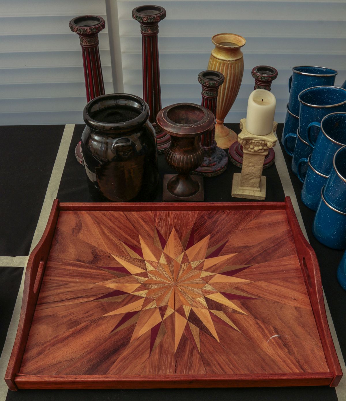 AN INLAID WOOD TRAY AND OTHER OBJECTS