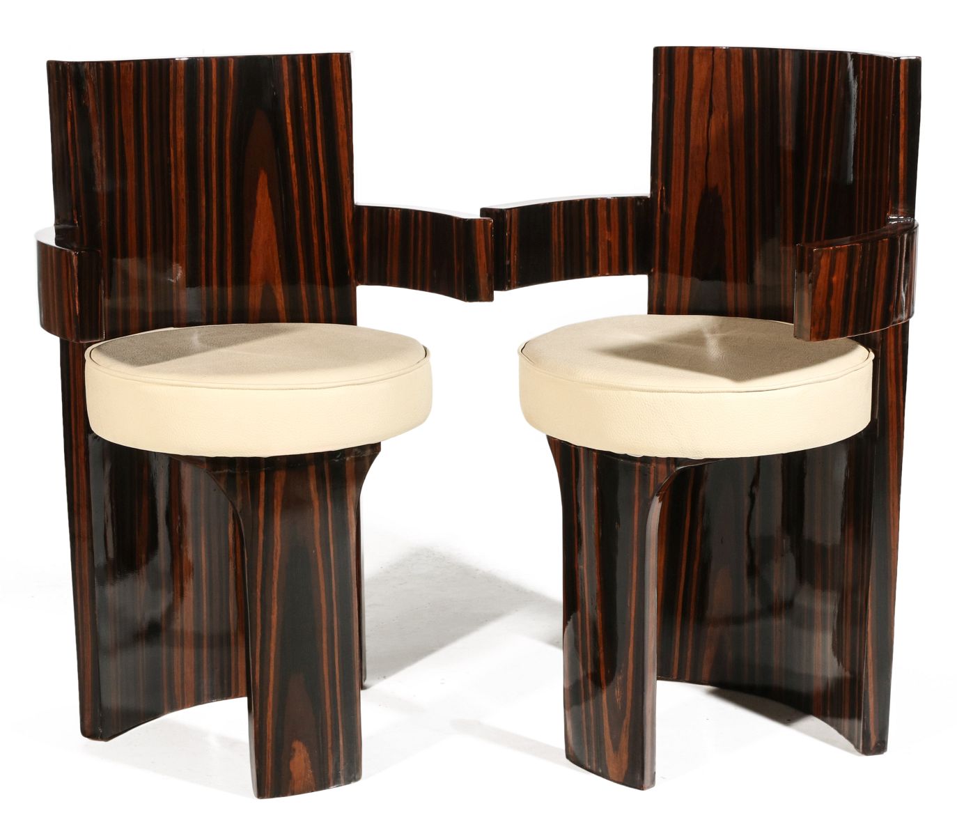 A PAIR CONTEMPORARY ZEBRA WOOD BARREL CHAIRS