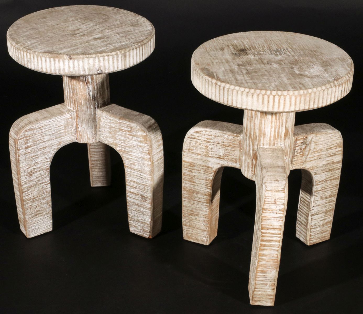 INTERESTING PAIR OF CARVED AND PICKLED WOOD STOOLS