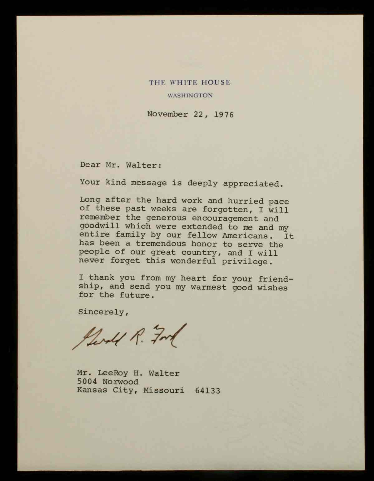 PRESIDENT GERALD FORD TYPED LETTER SIGNED
