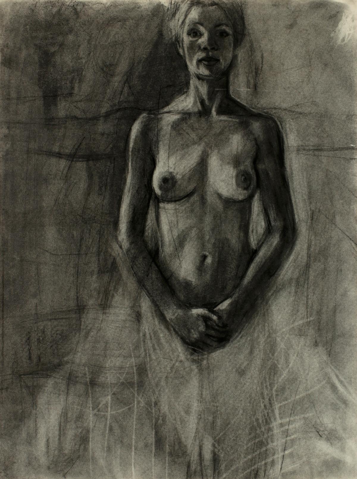 AN UNSIGNED 20TH C. CHARCOAL ON PAPER NUDE STUDY