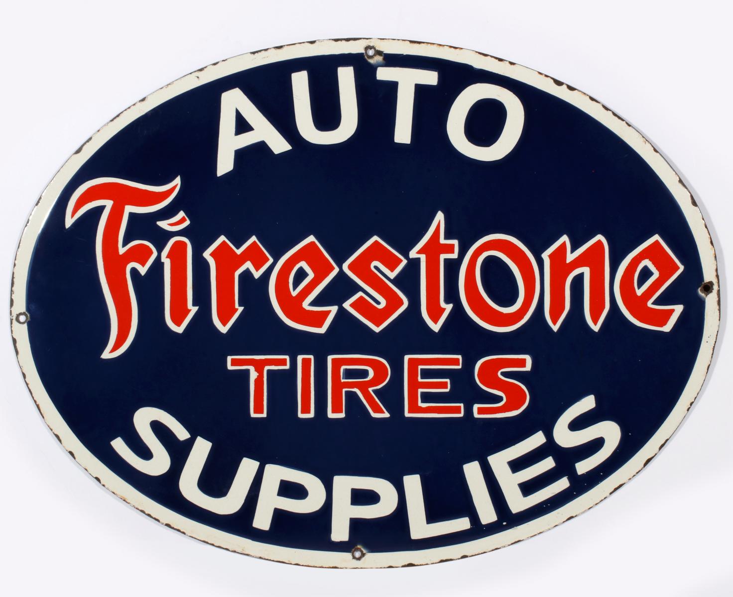 A RED, WHITE & BLUE FIRESTONE TIRES PORCELAIN SIGN