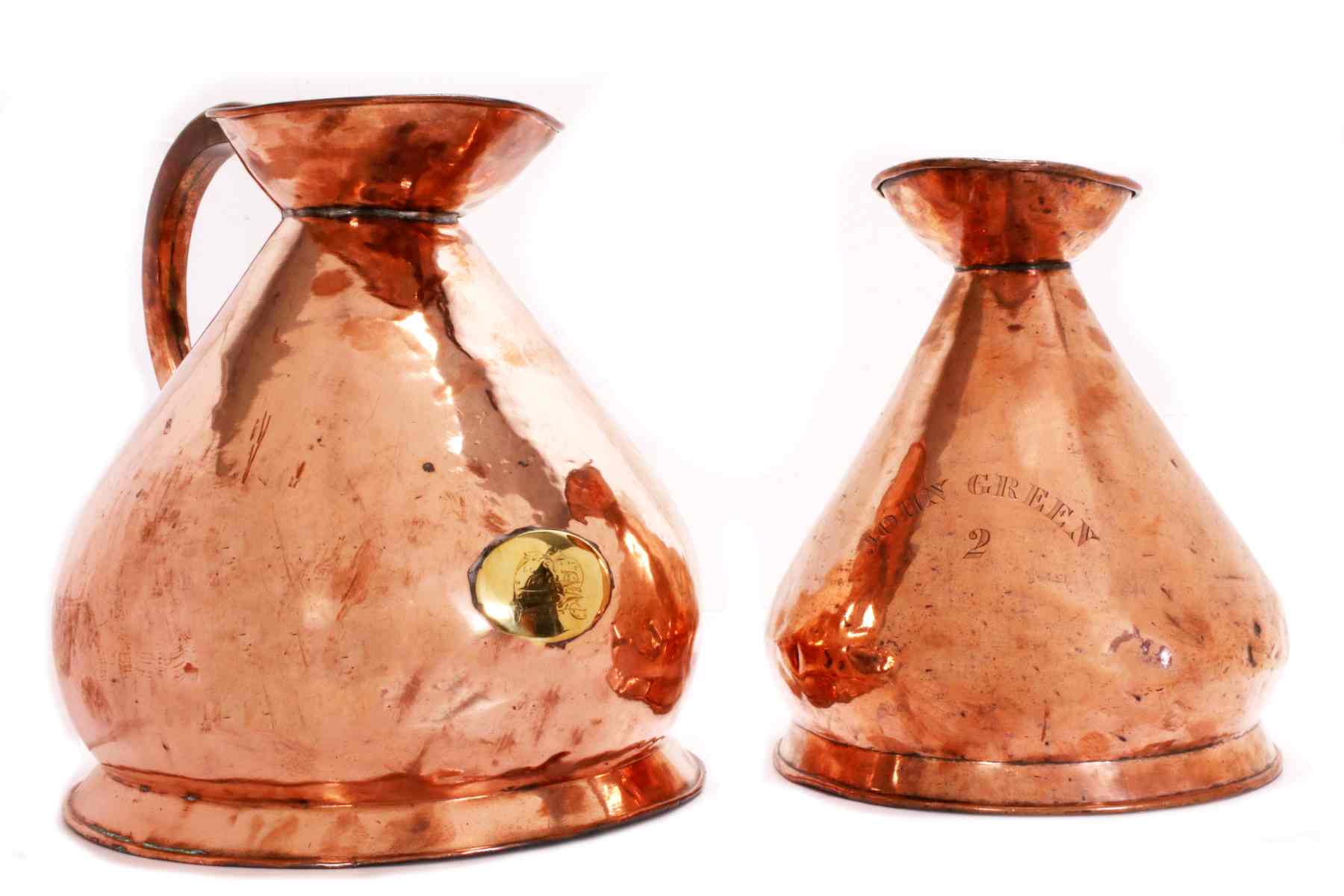 LARGE 19TH CENTURY ENGRAVED COPPER ALE MEASURES