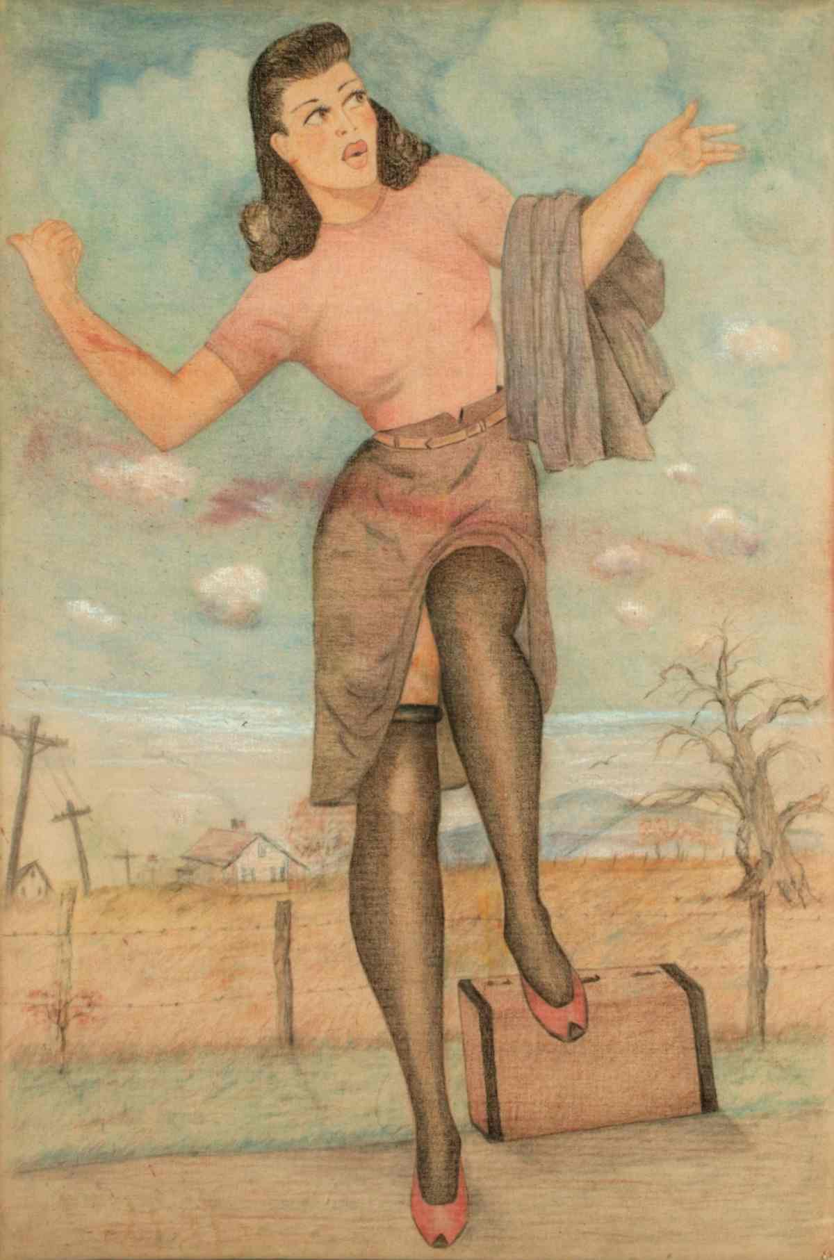 CIRCA 1940 OIL ON CLOTH PAINTING 'HITCHN A RIDE'
