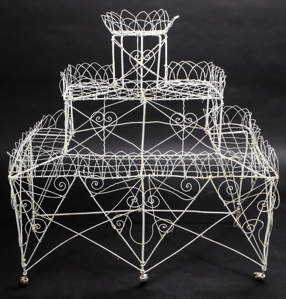 A GOOD 19TH CENTURY WIRE PLANT STAND WITH HEARTS