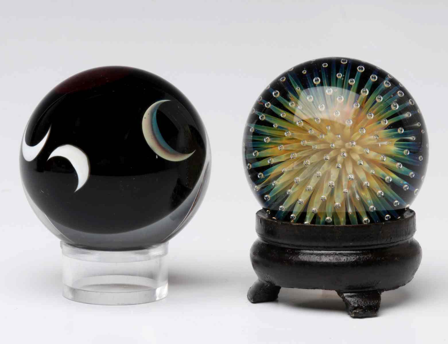TWO FASCINATING CONTEMPORARY ART GLASS ORBS