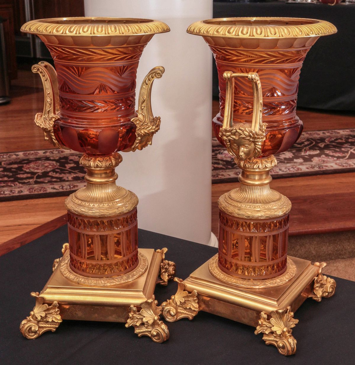 A PAIR NICE QUALITY CUT CRYSTAL AND BRONZE URNS