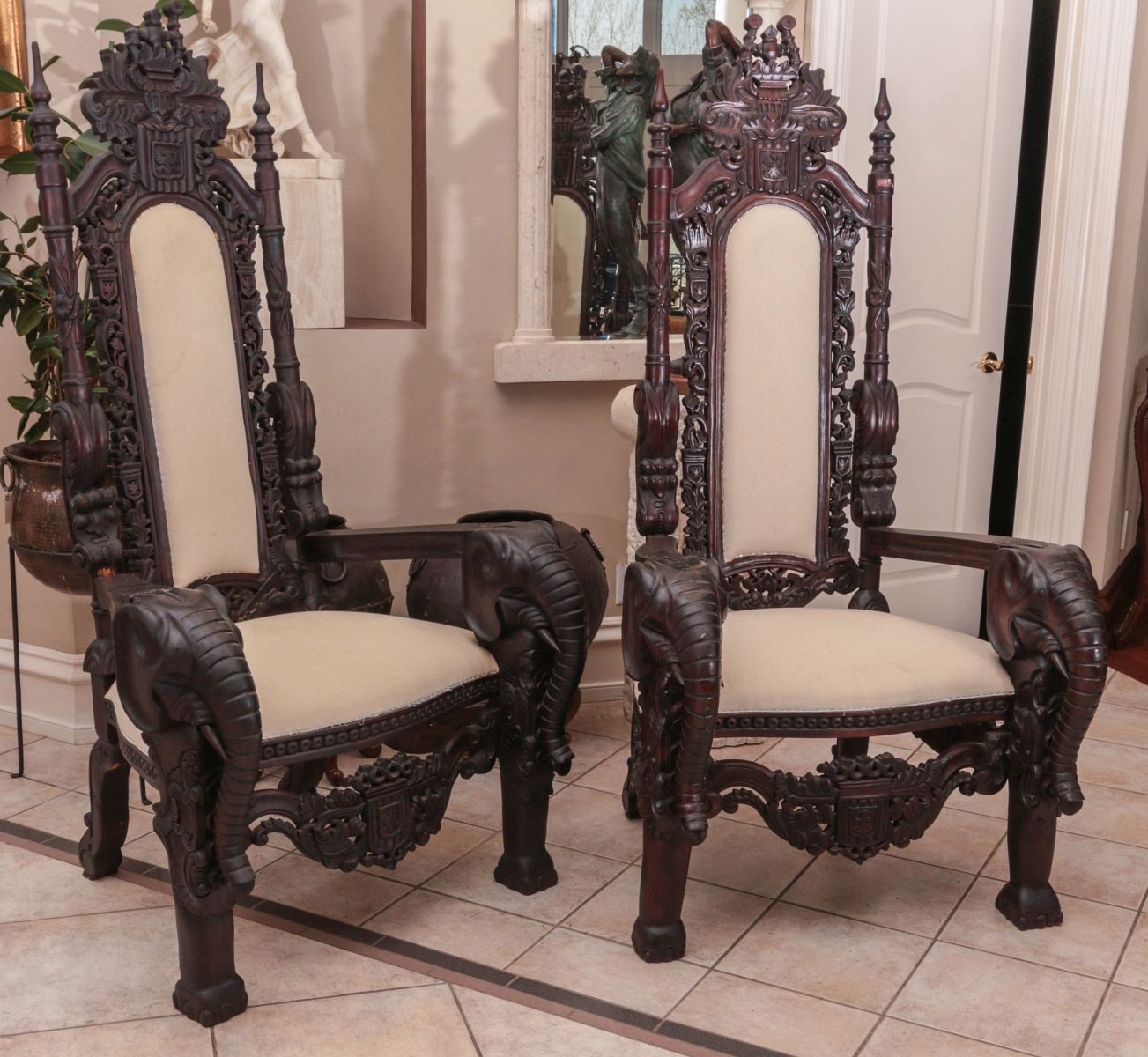 CONTEMPORARY CARVED MAHOGANY THRONE CHAIRS