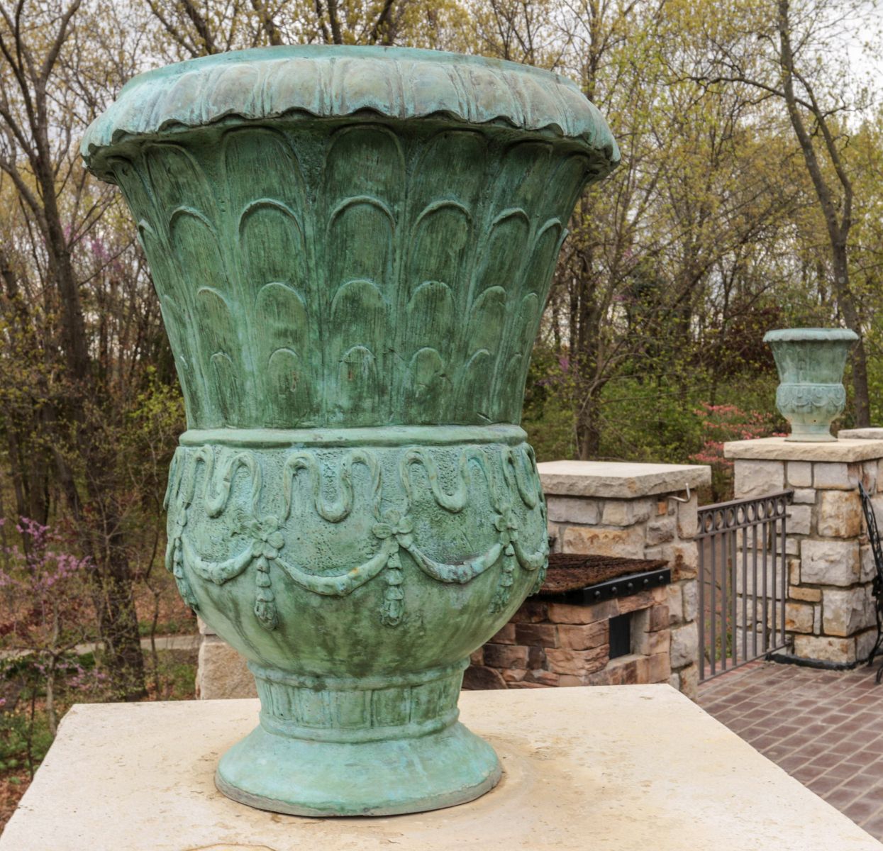 A PAIR 24-IN BRONZE GARDEN URNS WITH GREEN PATINA