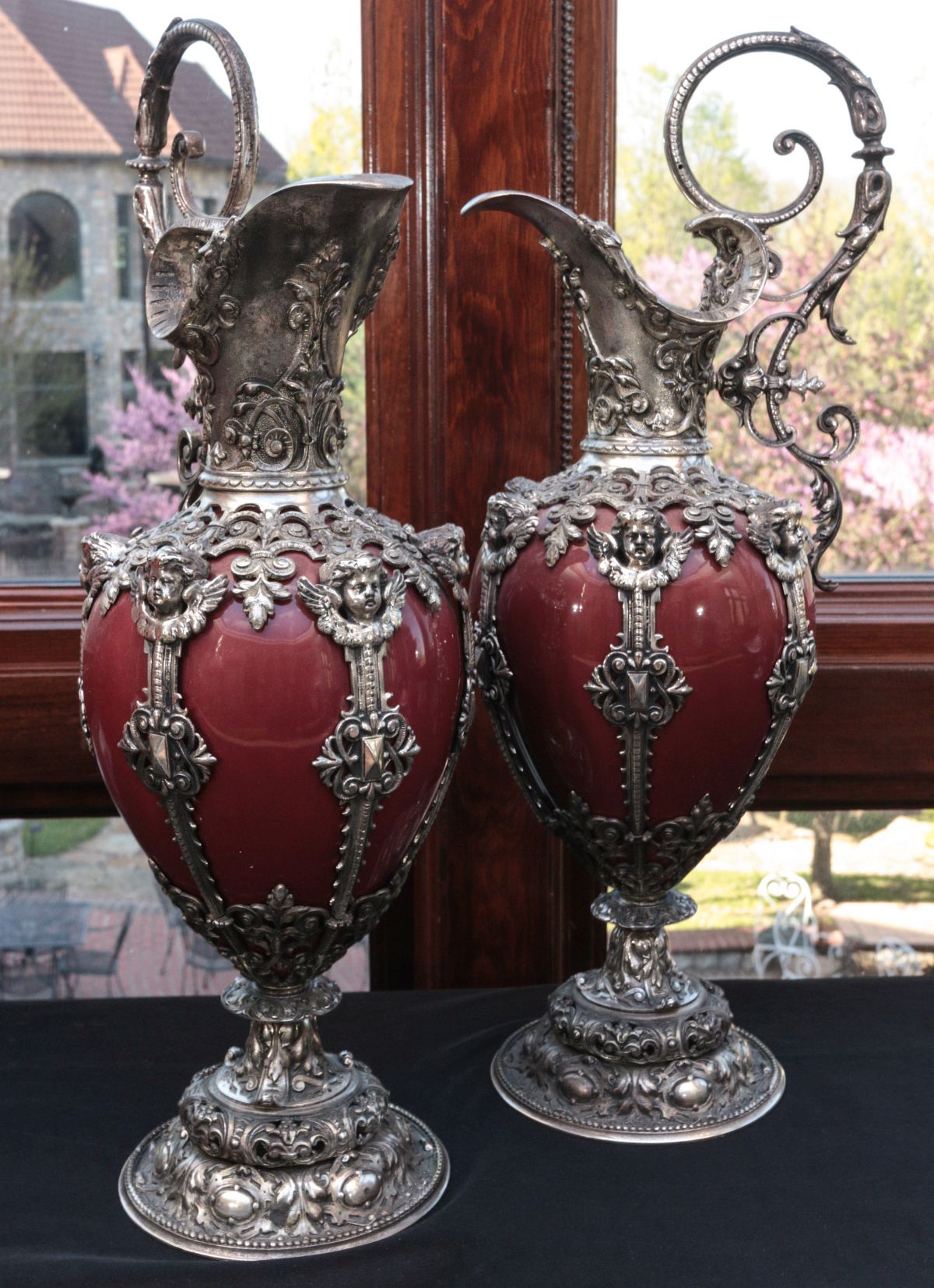 PAIR 21-IN RENAISSANCE REVIVAL SILVER-PLATED EWERS