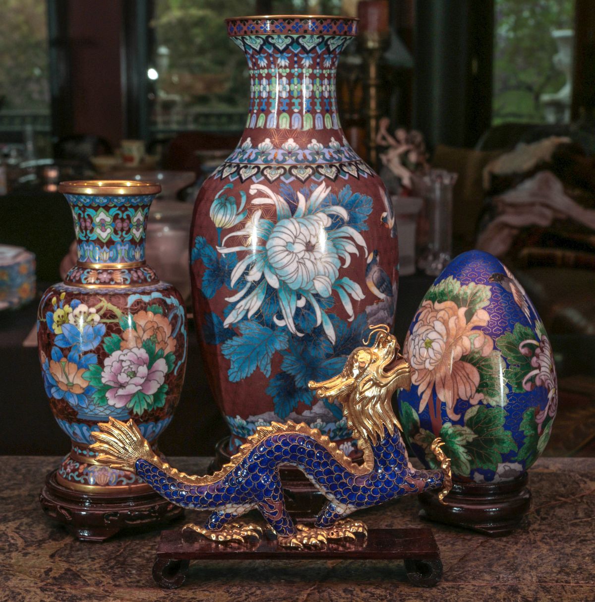 ASIAN CLOISONNE AND CHAMPLEVE' DECORATIVE OBJECTS