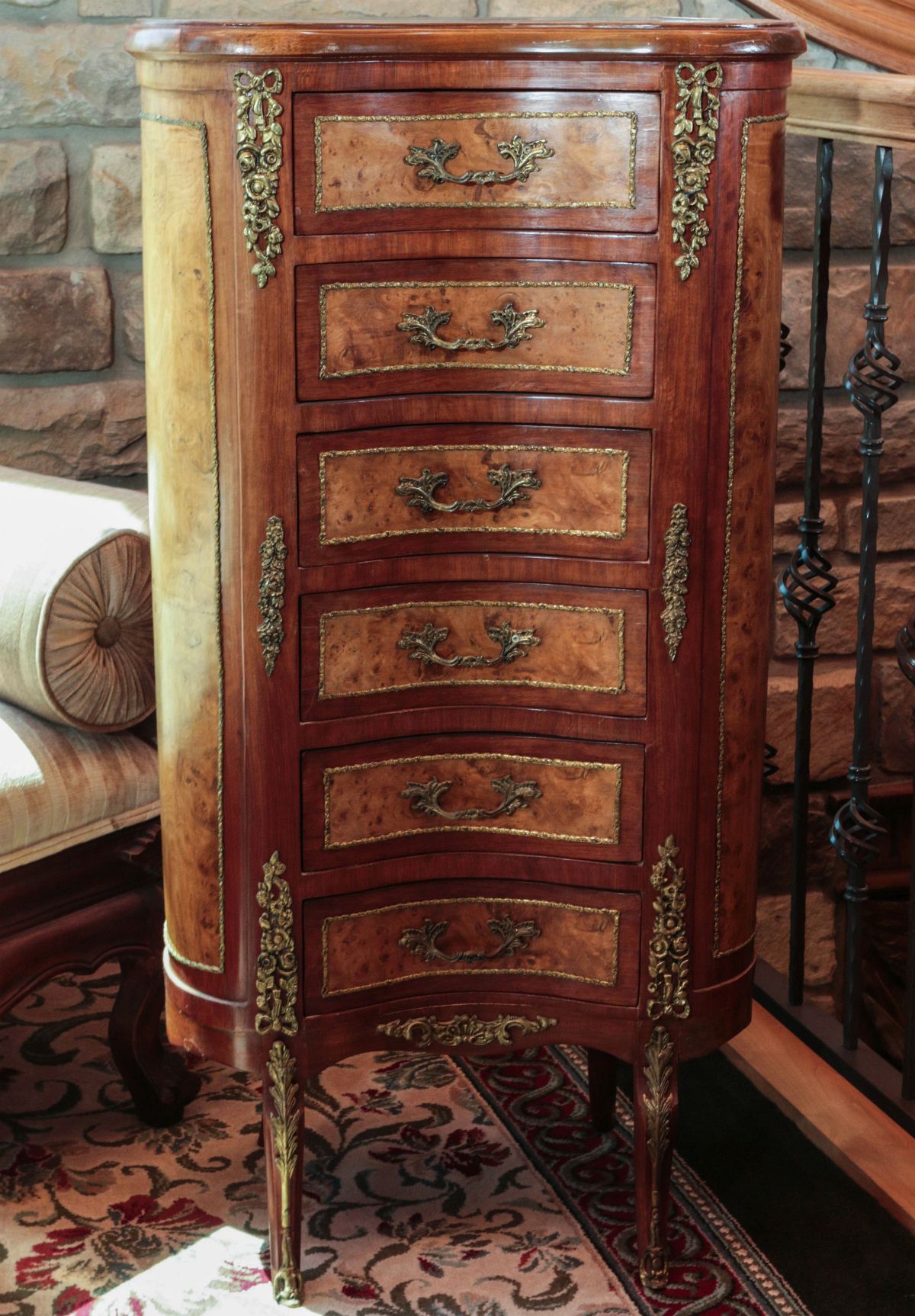 A FRENCH STYLE LINGERIE CHEST WITH ORMOLU AND BURL