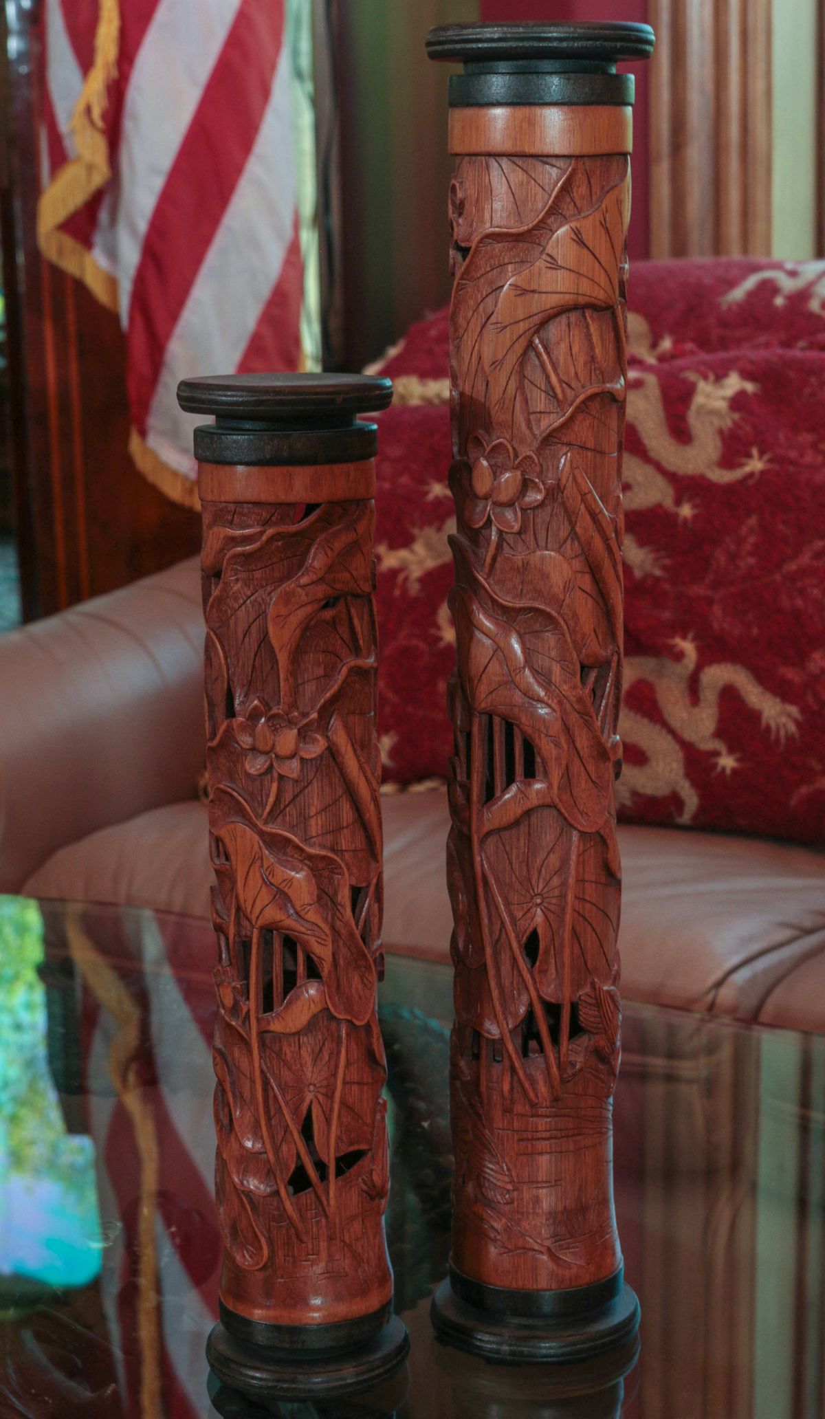 TWO ASIAN CARVED BAMBOO CANDLE STANDS