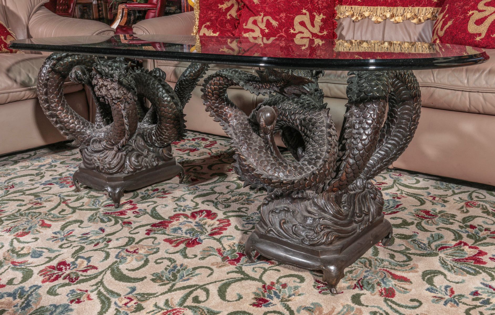 LONG OVAL COFFEE TABLE WITH BRONZE DRAGON SUPPORTS