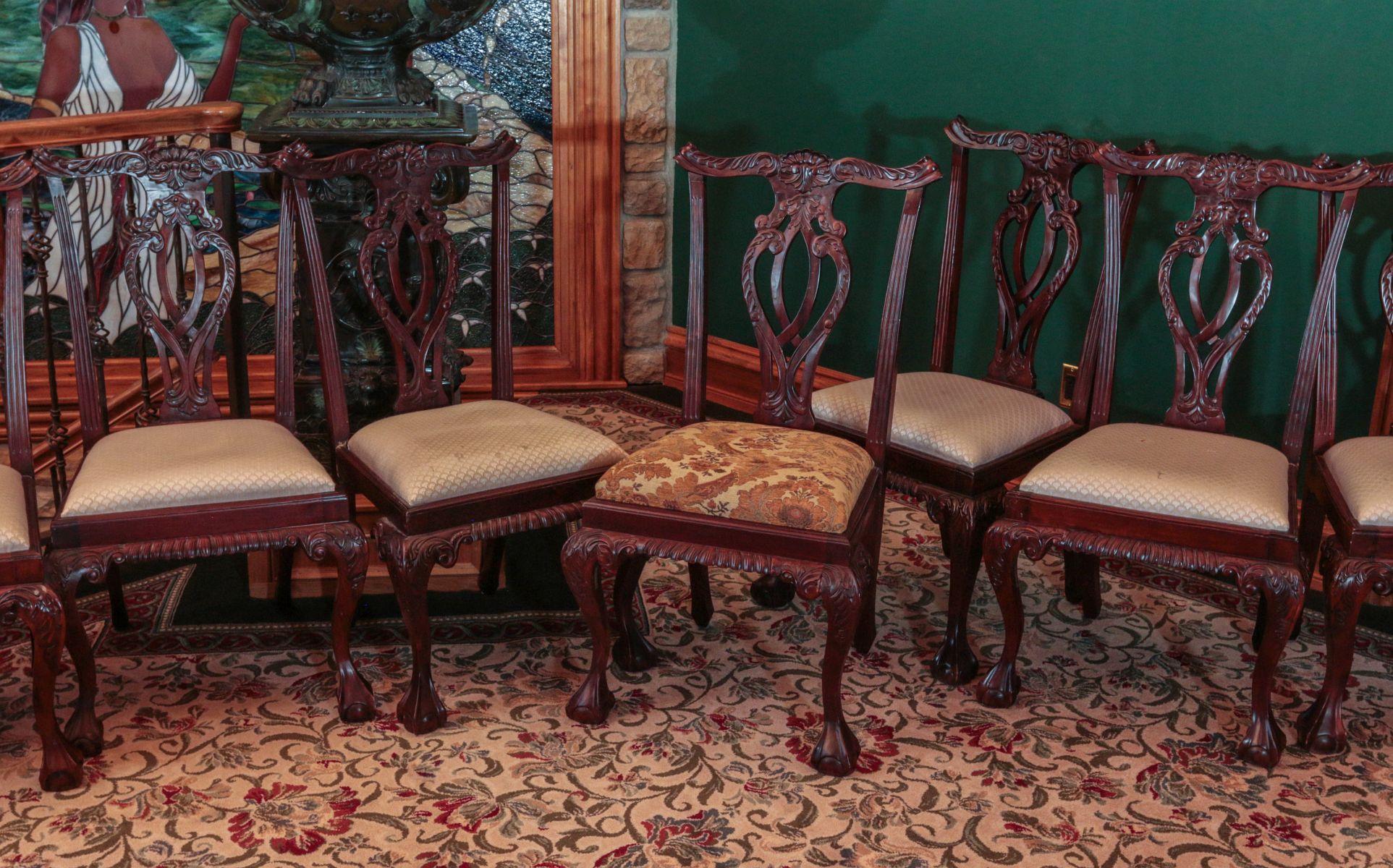 NINE LATE 20TH C MAHOGANY CHIPPENDALE STYLE CHAIRS