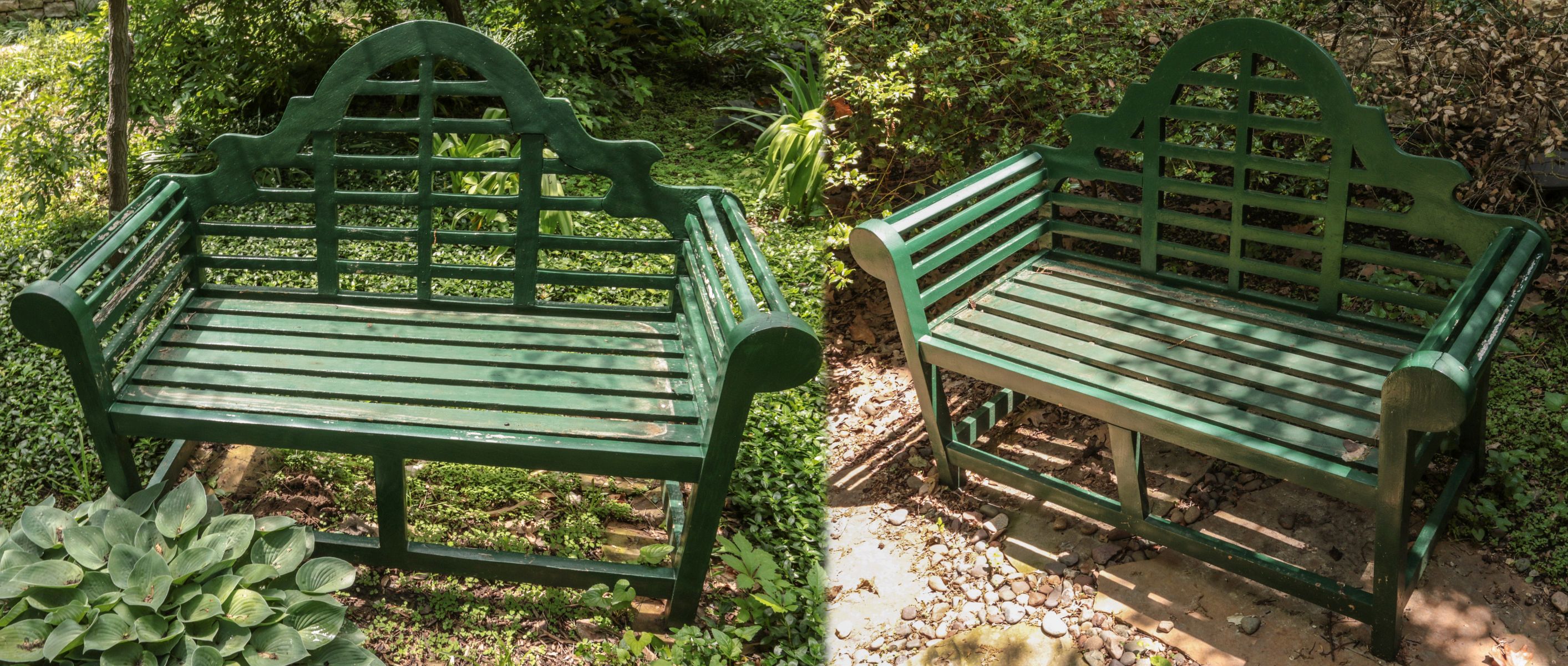 A PAIR OF HIGH BACK PAINTED WOOD GARDEN BENCHES
