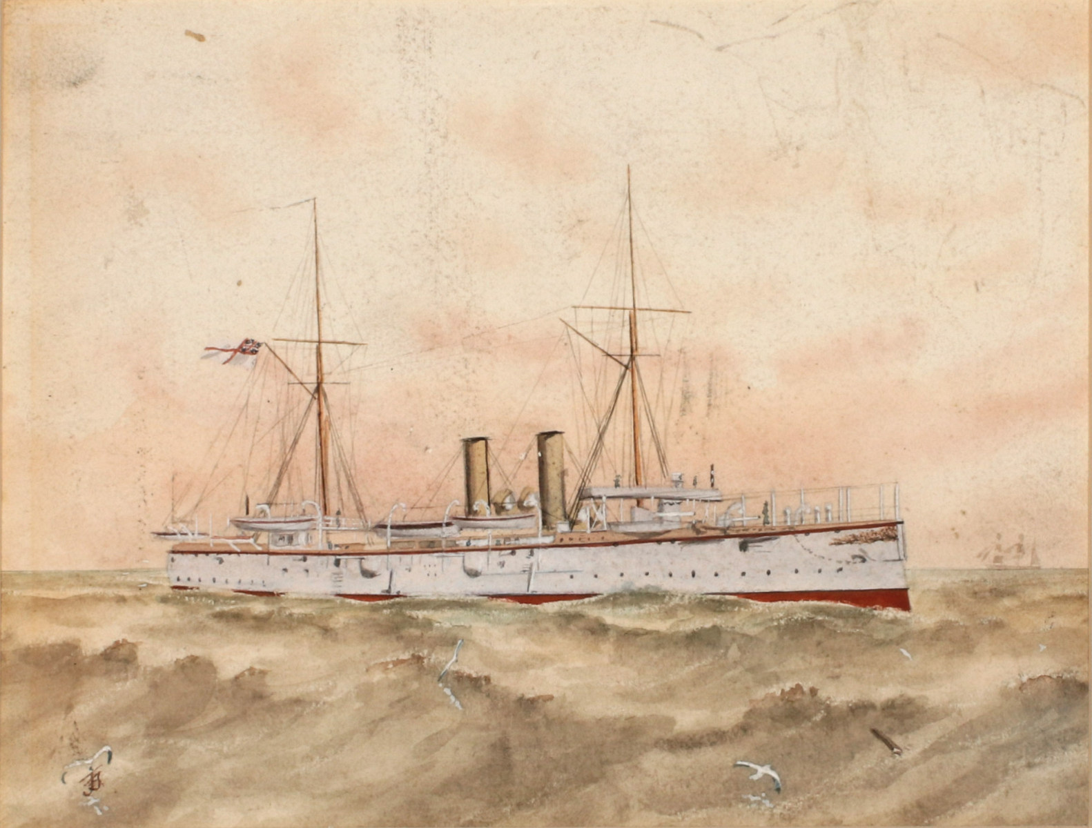 AN EARLY 20TH CENT WATERCOLOR OF MASTED STEAMER
