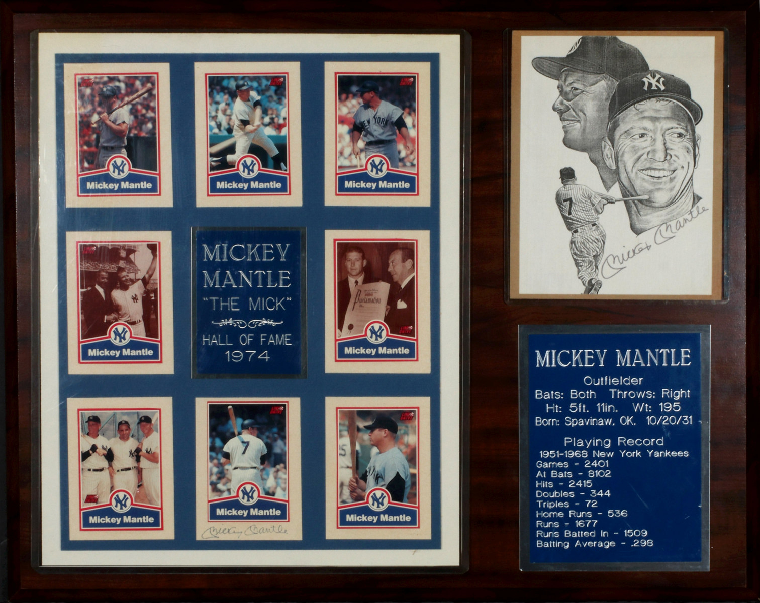 FRAMED SUITE OF MICKEY MANTLE ITEMS, TWO SIGNED