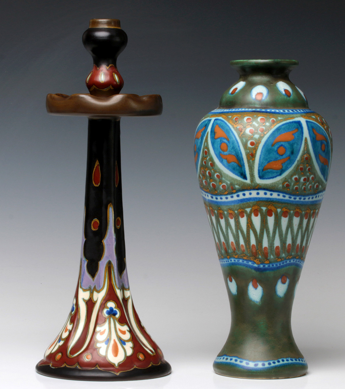 TWO NICE LARGE EXAMPLES OF GOUDA ART POTTERY