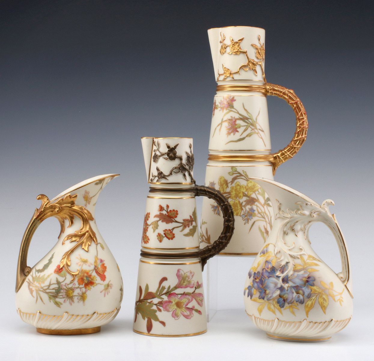 FOUR 19TH C. ARTIST SIGNED ROYAL WORCESTER PITCHERS