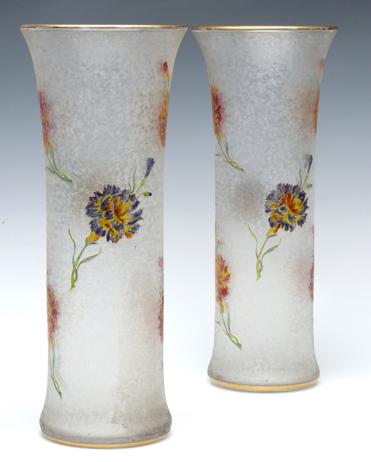 A PAIR OF 13.5 INCH MONT JOYE ETCHED AND ENAMELED VASES