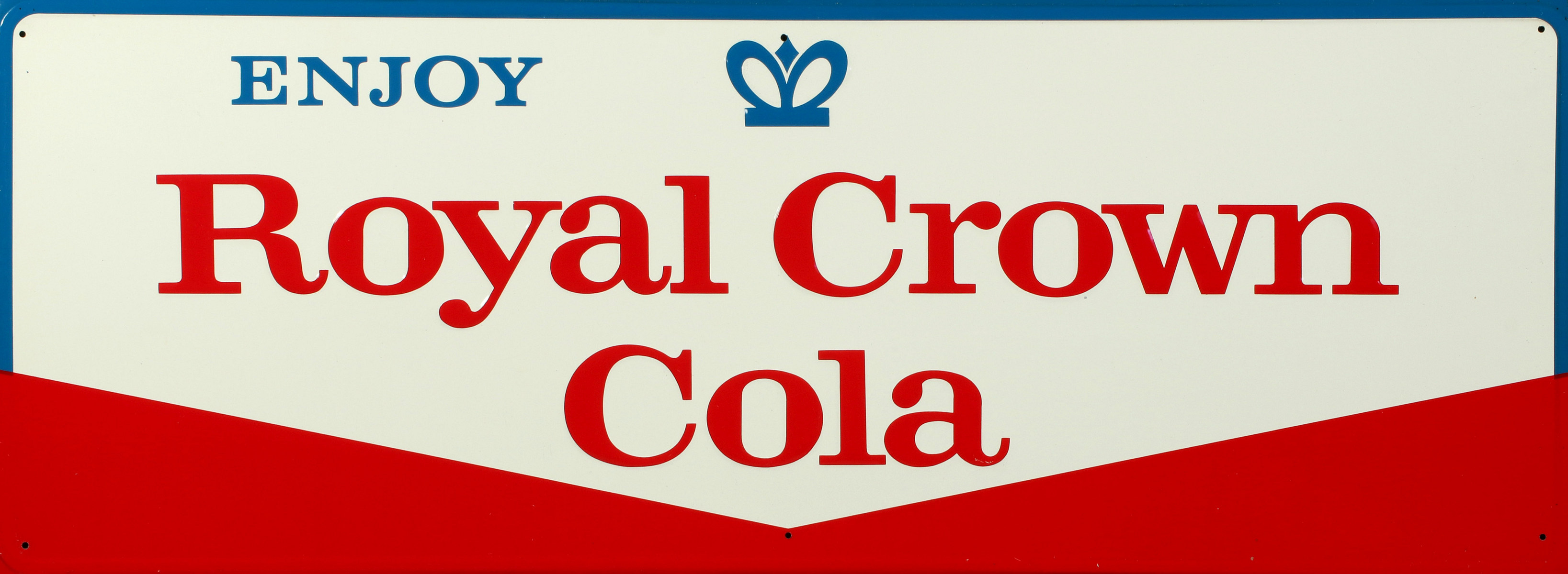A BRIGHT RED, WHITE AND BLUE ROYAL CROWN COLA SIGN